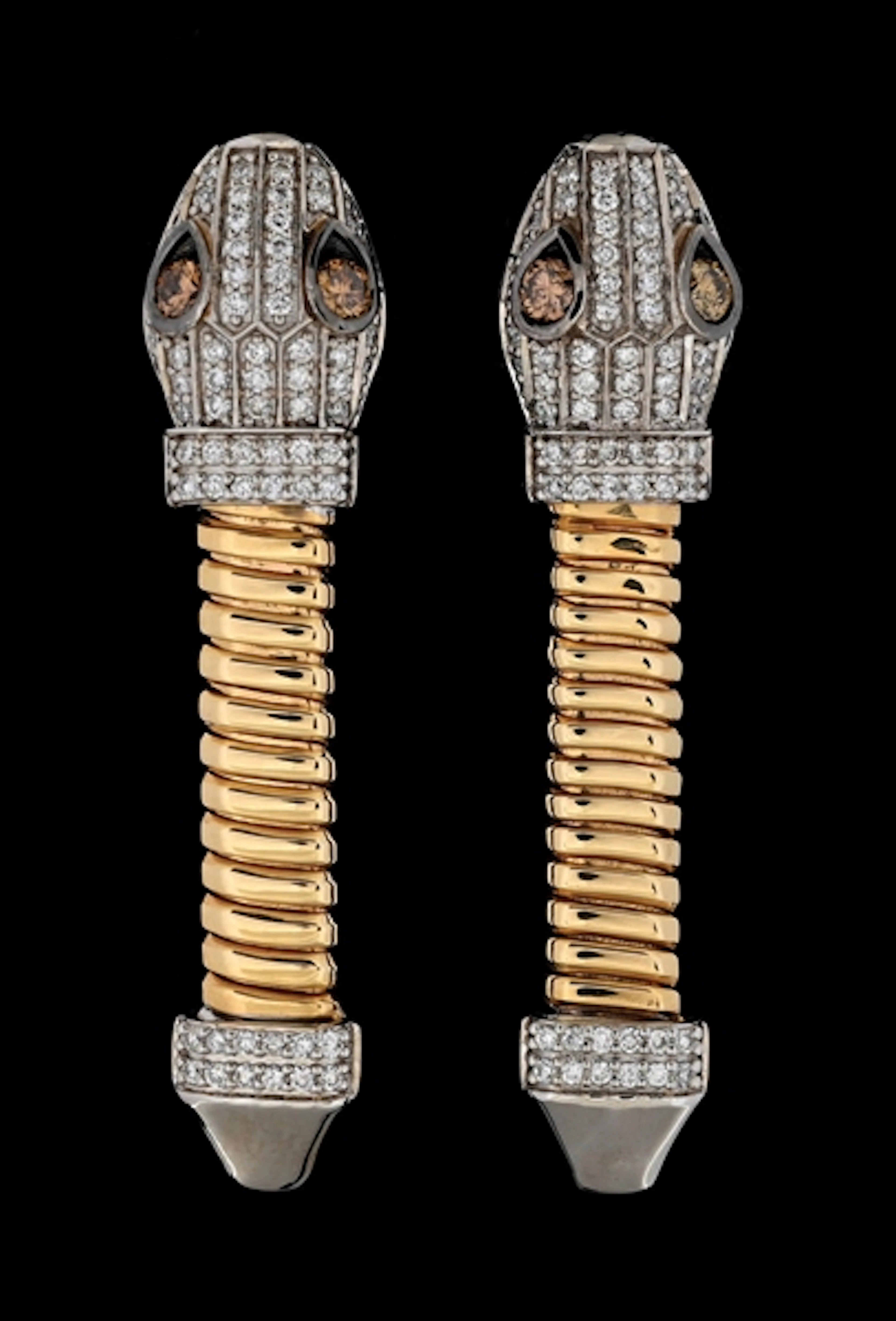 14K T/T GOLD FANCY BROWN & COLORLESS DIAMOND SNAKE EARRINGS W/REPORT