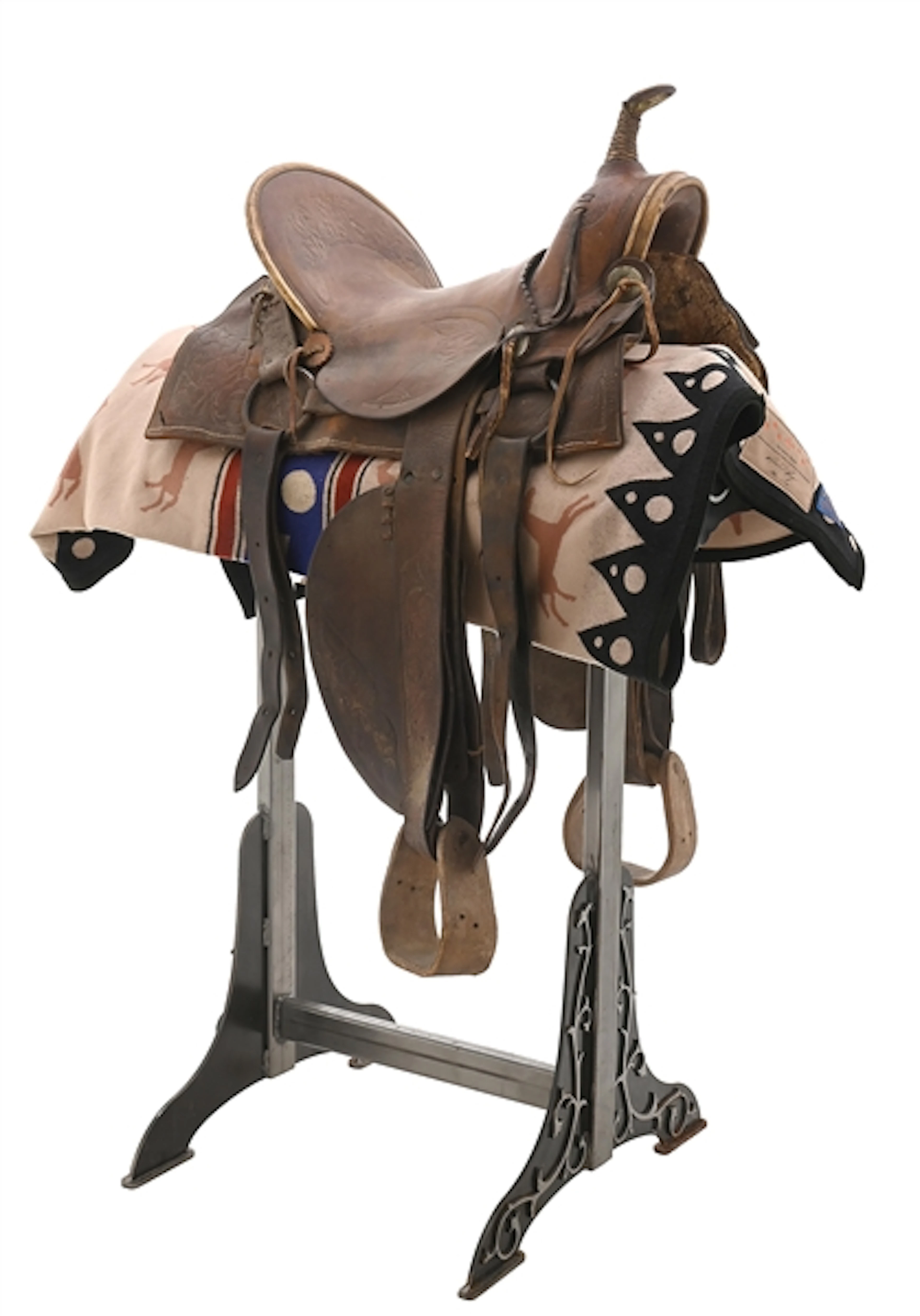 LOT OF 3: SADDLE, BLANKET AND METAL SADDLE STAND