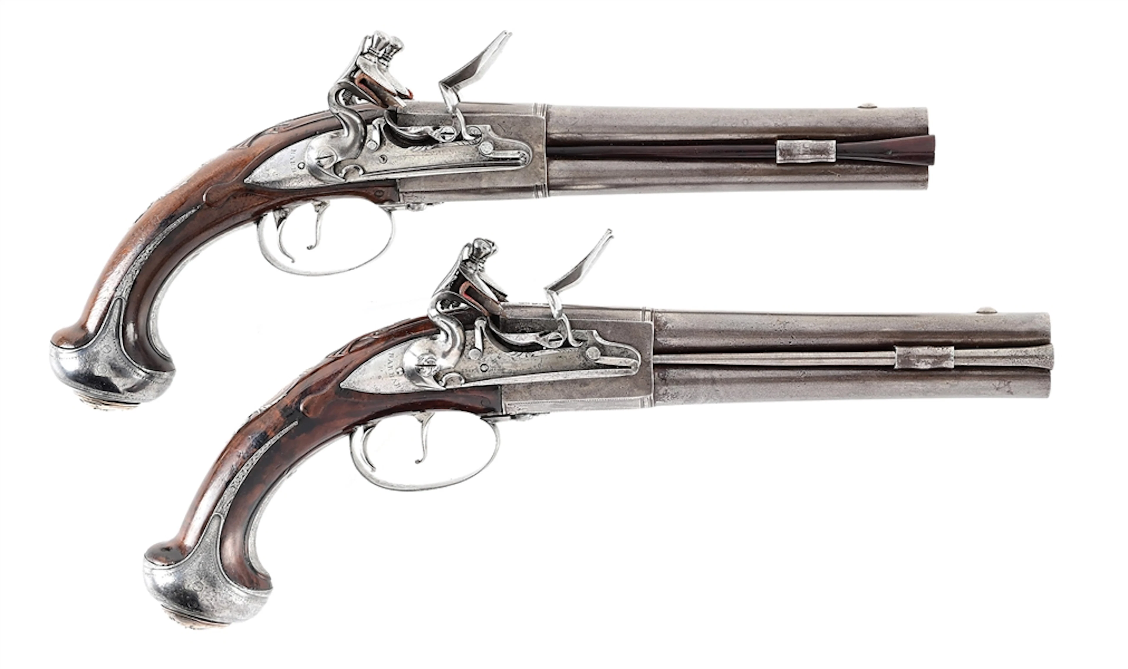 (A) FINE DOCUMENTED PAIR OF BRITISH OVER UNDER DOUBLE LOCK FLINTLOCK