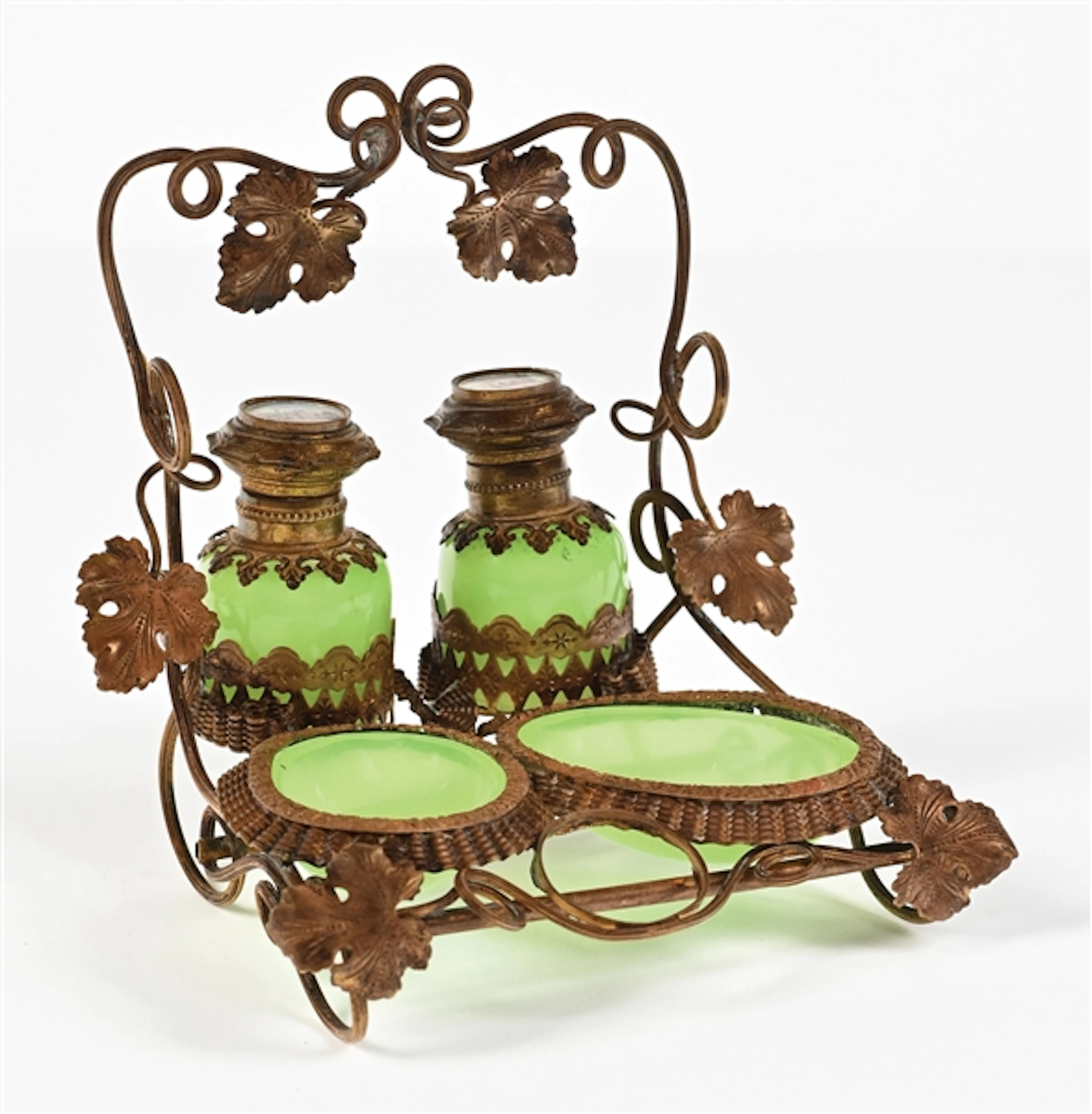 GILDED URANIUM PERFUME VANITY SET WITH 2 PERFUMES & 2 TRINKET TRAYS