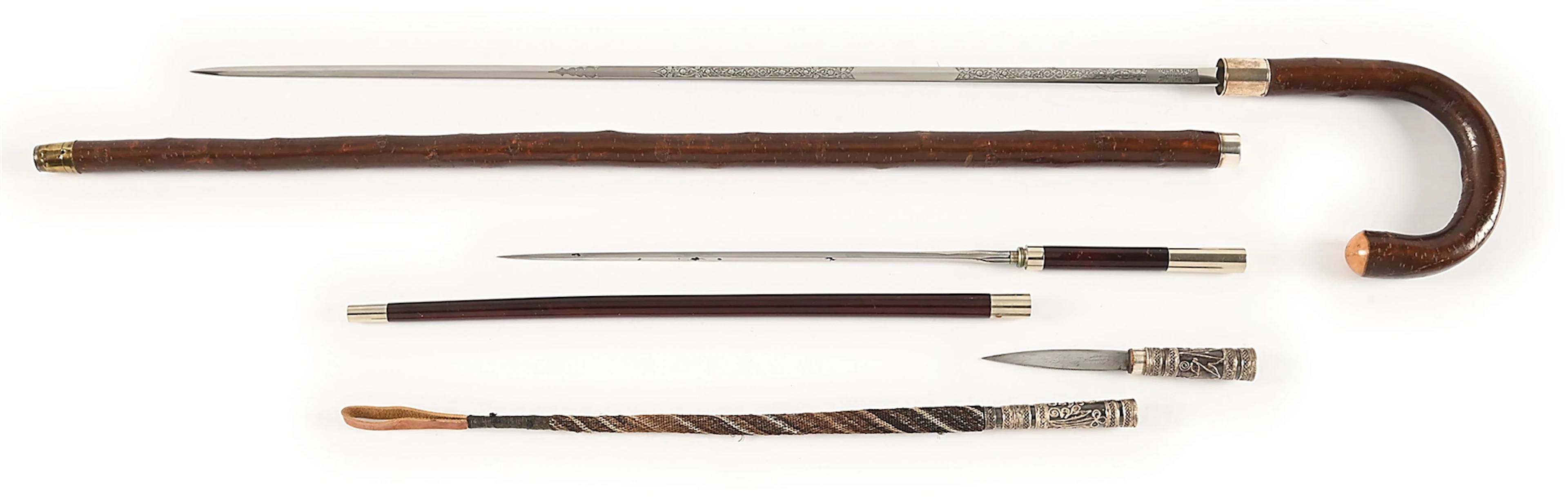 LOT OF 3: SWORD CANE, SWAGGER STICK, AND RIDING CROP.