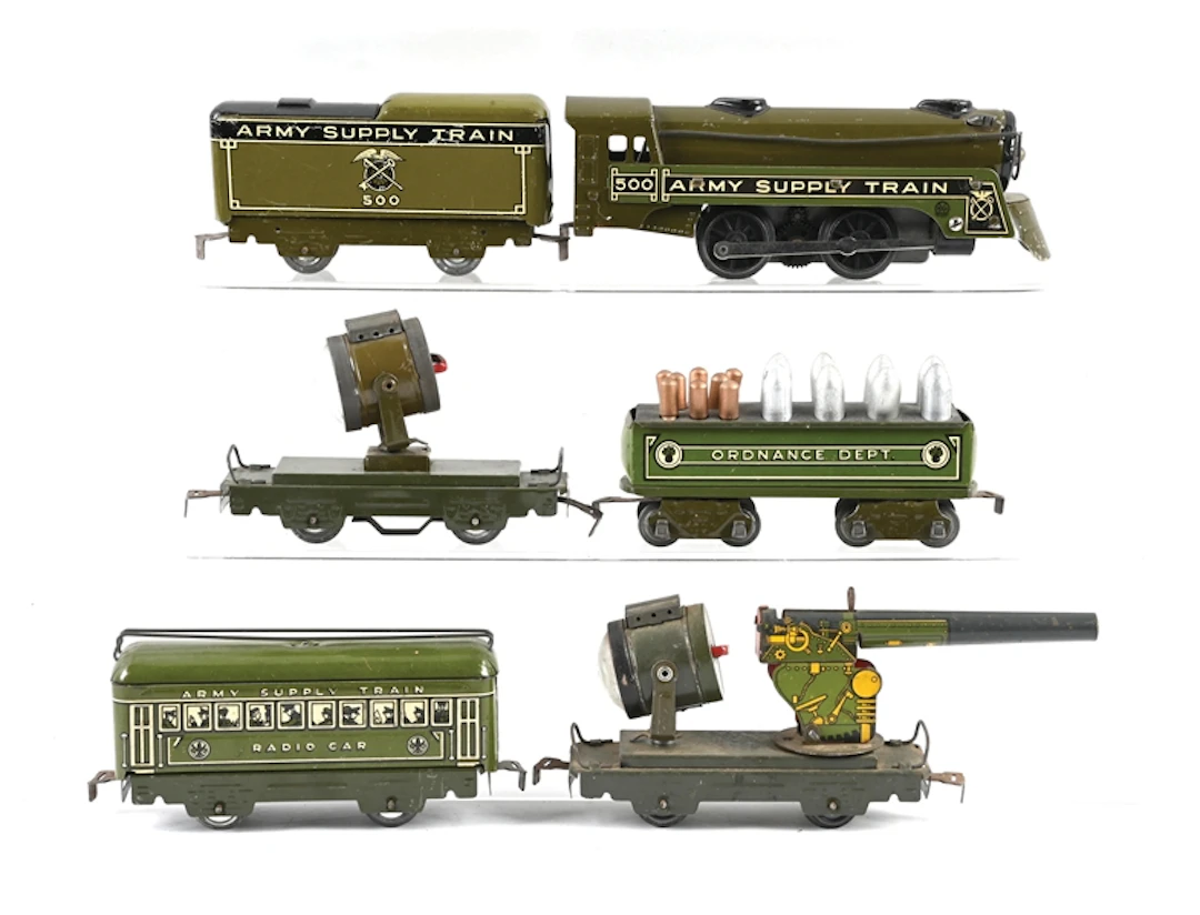 LOT OF 6: LOUIS MARX O-GA. ARMY SUPPLY ORDNANCE DEPARTMENT TRAIN SET