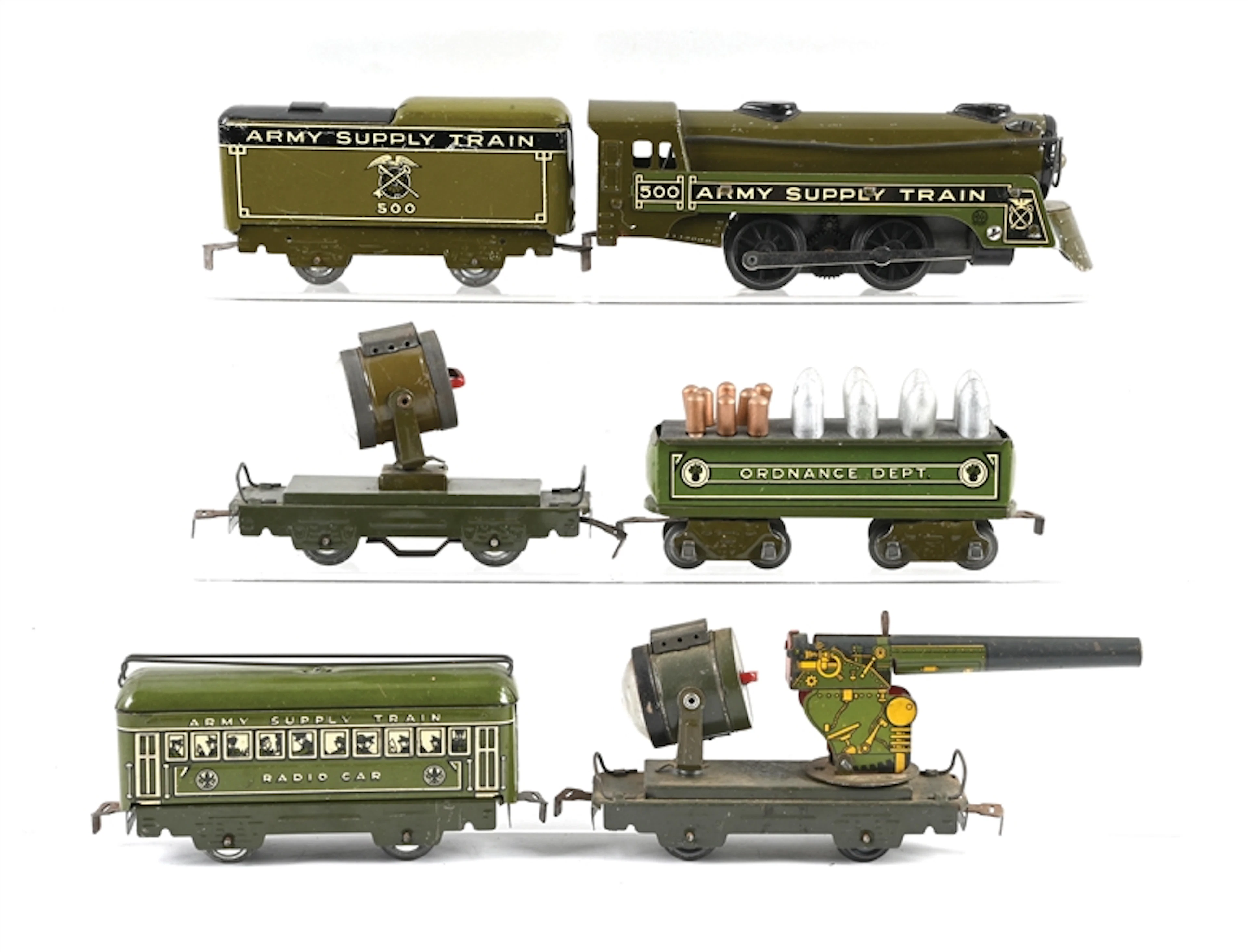 LOT OF 6: LOUIS MARX O-GA. ARMY SUPPLY ORDNANCE DEPARTMENT TRAIN SET