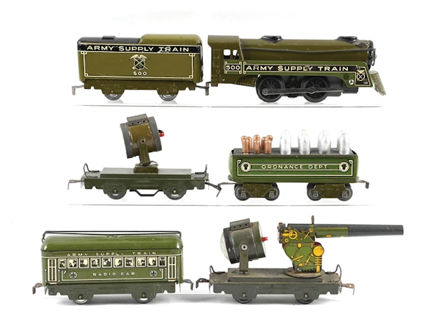 LOT OF 6: LOUIS MARX O-GA. ARMY SUPPLY ORDNANCE DEPARTMENT TRAIN SET