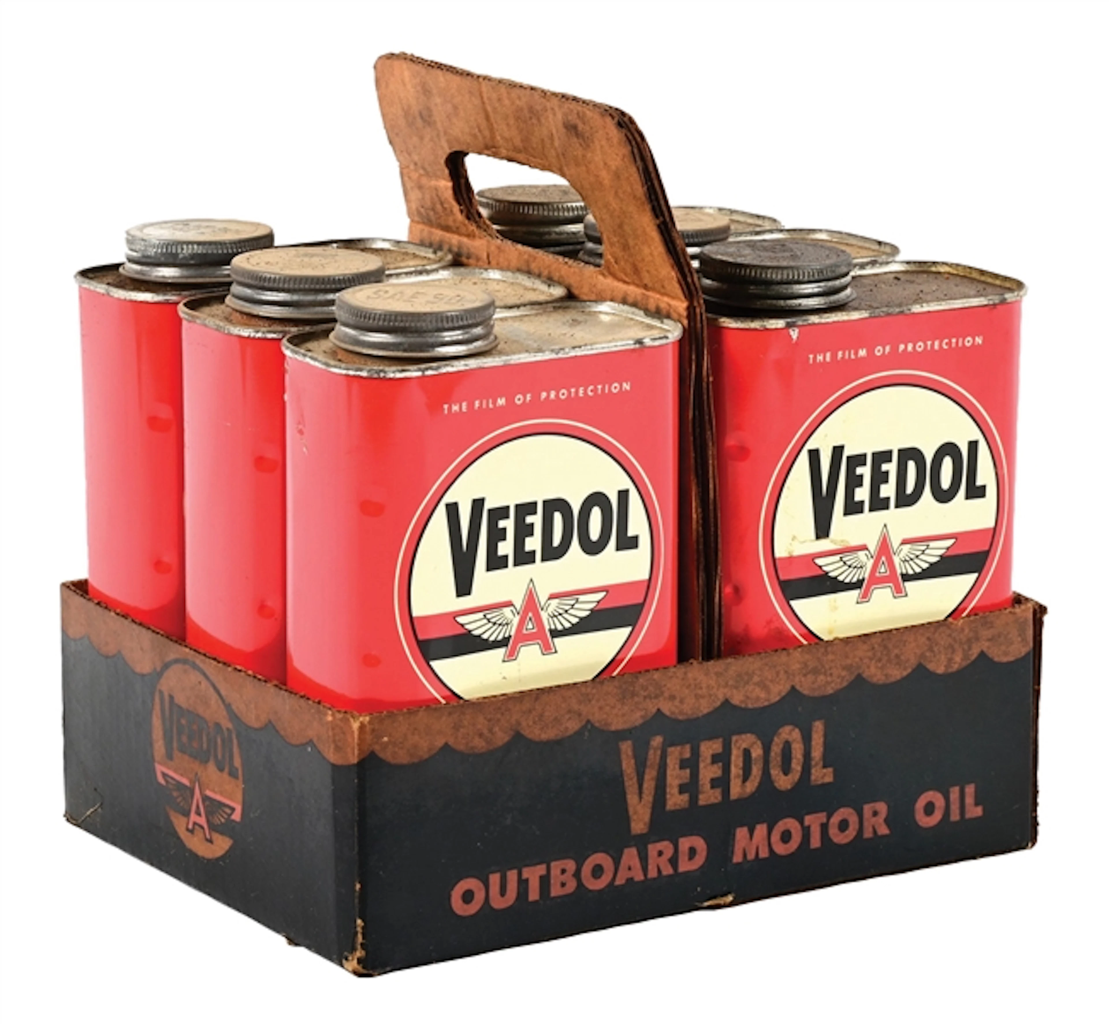 VEEDOL OUTBOARD MOTOR OIL SET OF SIX ONE QUART CANS WITH ORIGINAL CARRYING TOTE