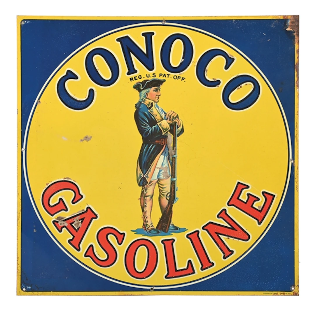 CONOCO GASOLINE EMBOSSED TIN PLATE SIGN WITH MINUTEMAN GRAPHIC