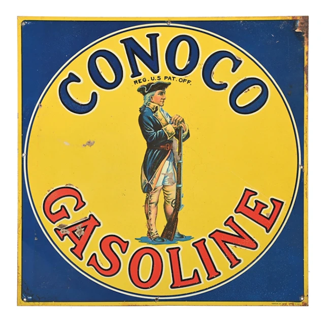CONOCO GASOLINE EMBOSSED TIN PLATE SIGN WITH MINUTEMAN GRAPHIC