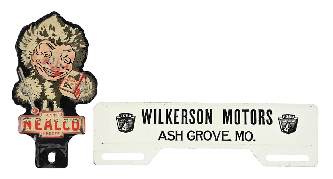 COLLECTION OF 2: WILKERSON MOTORS AND ANTI NEALCO FREEZE TIN LICENSE