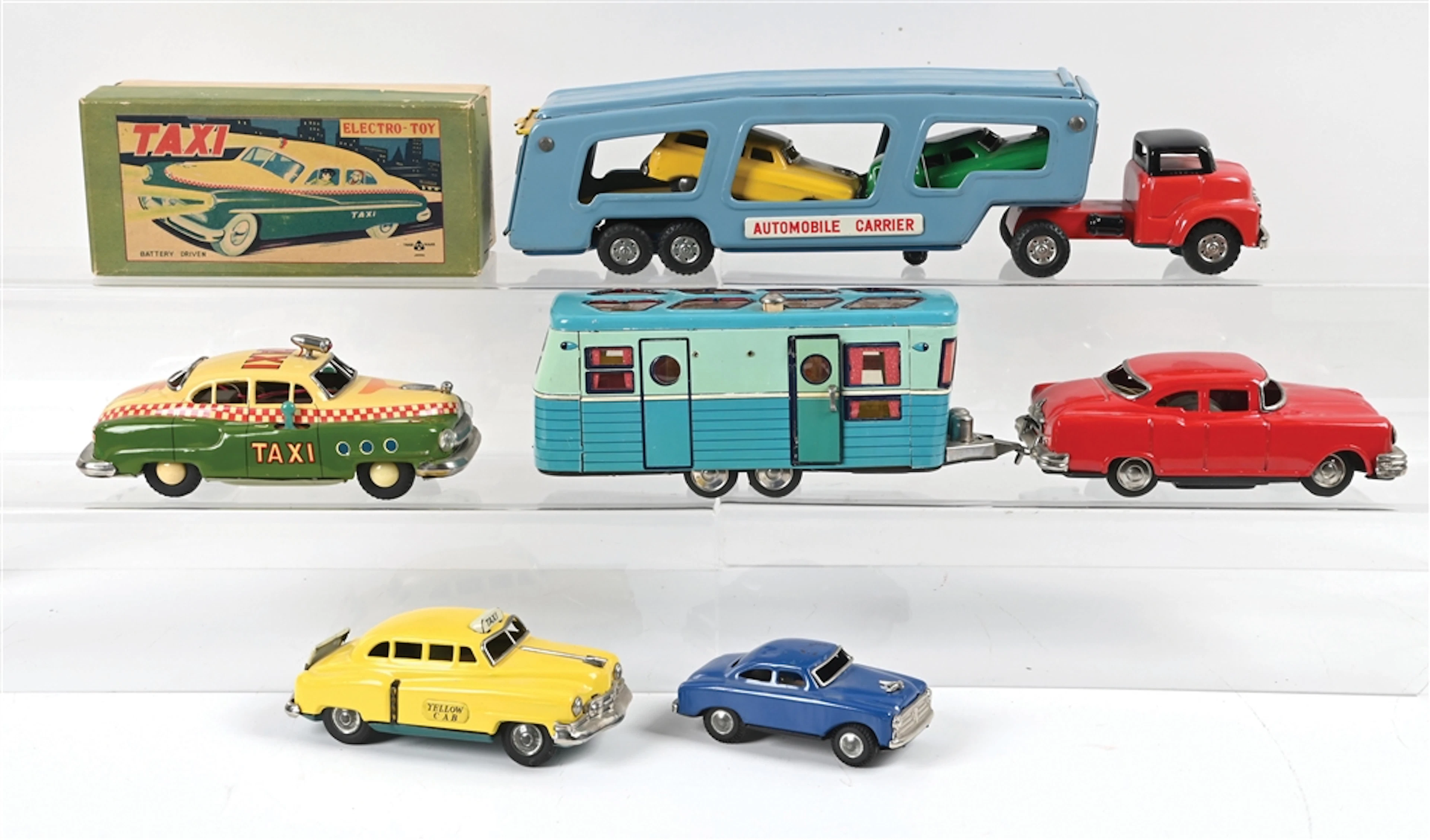 LOT OF 7: ASSORTED JAPANESE CAR CARRIERS AND TAXI CARS