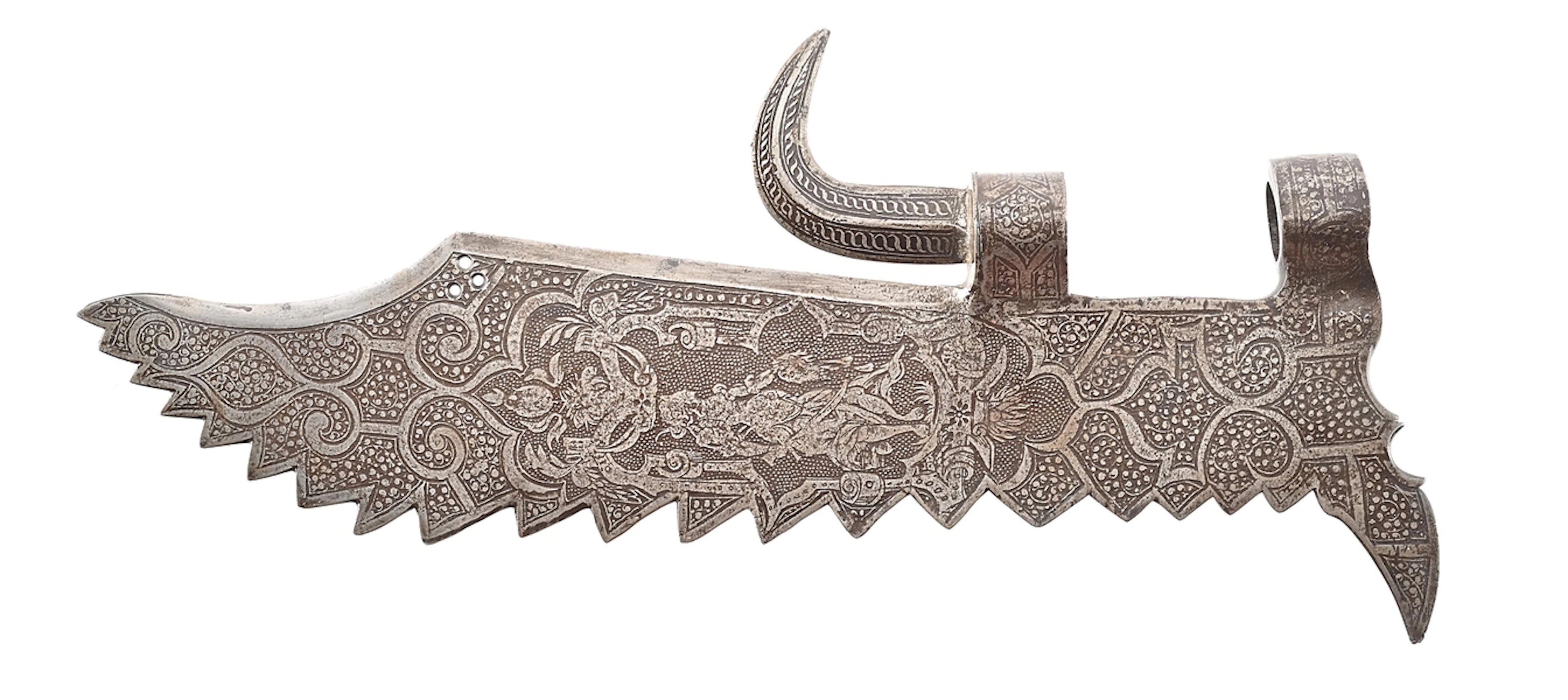 GLAIVE HEAD WITH MYTHOLOGICAL ETCHINGS.