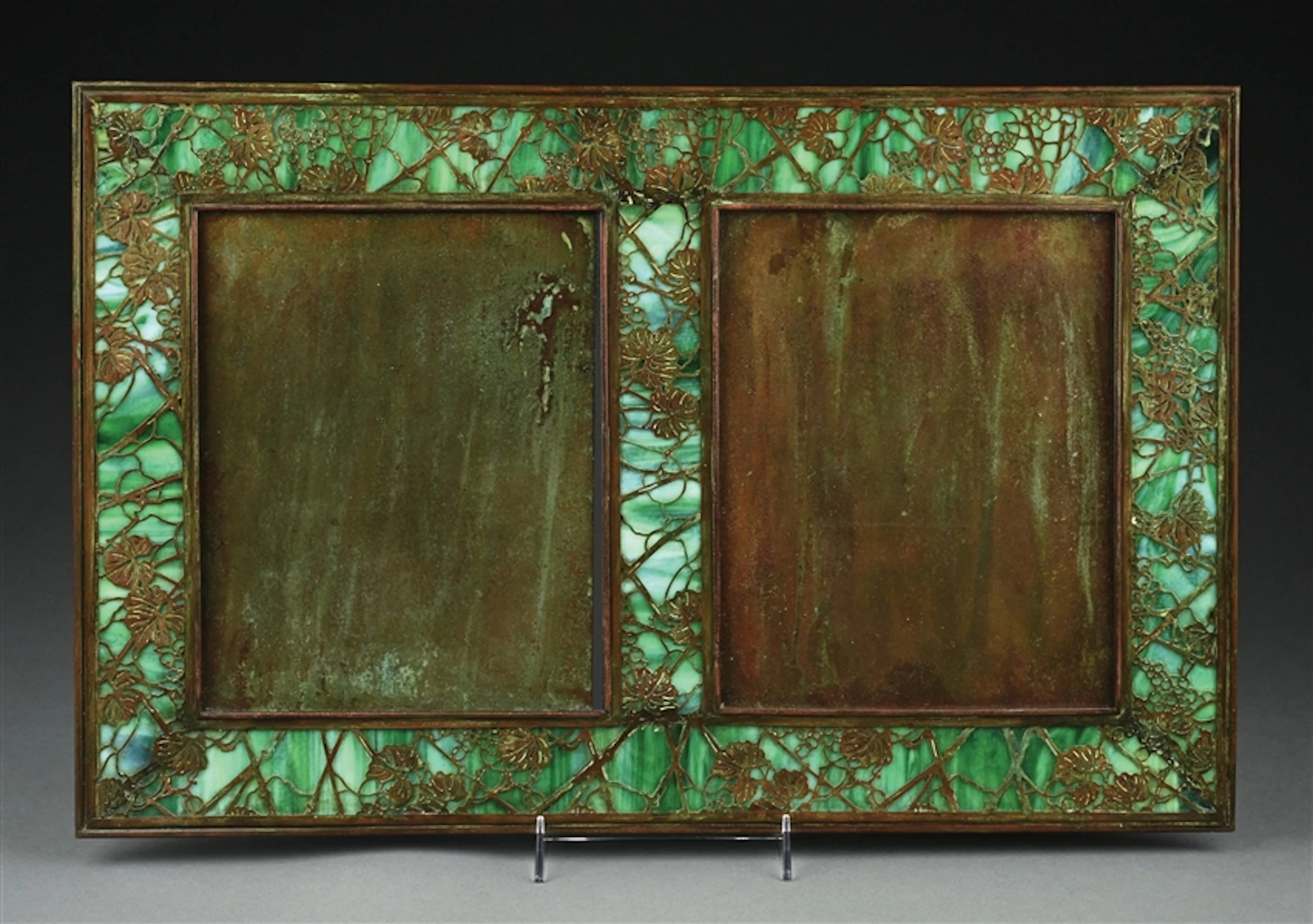 TIFFANY STUDIOS BRONZE AND GREEN/WHITE FAVRILE GLASS DOUBLE PICTURE FRAME