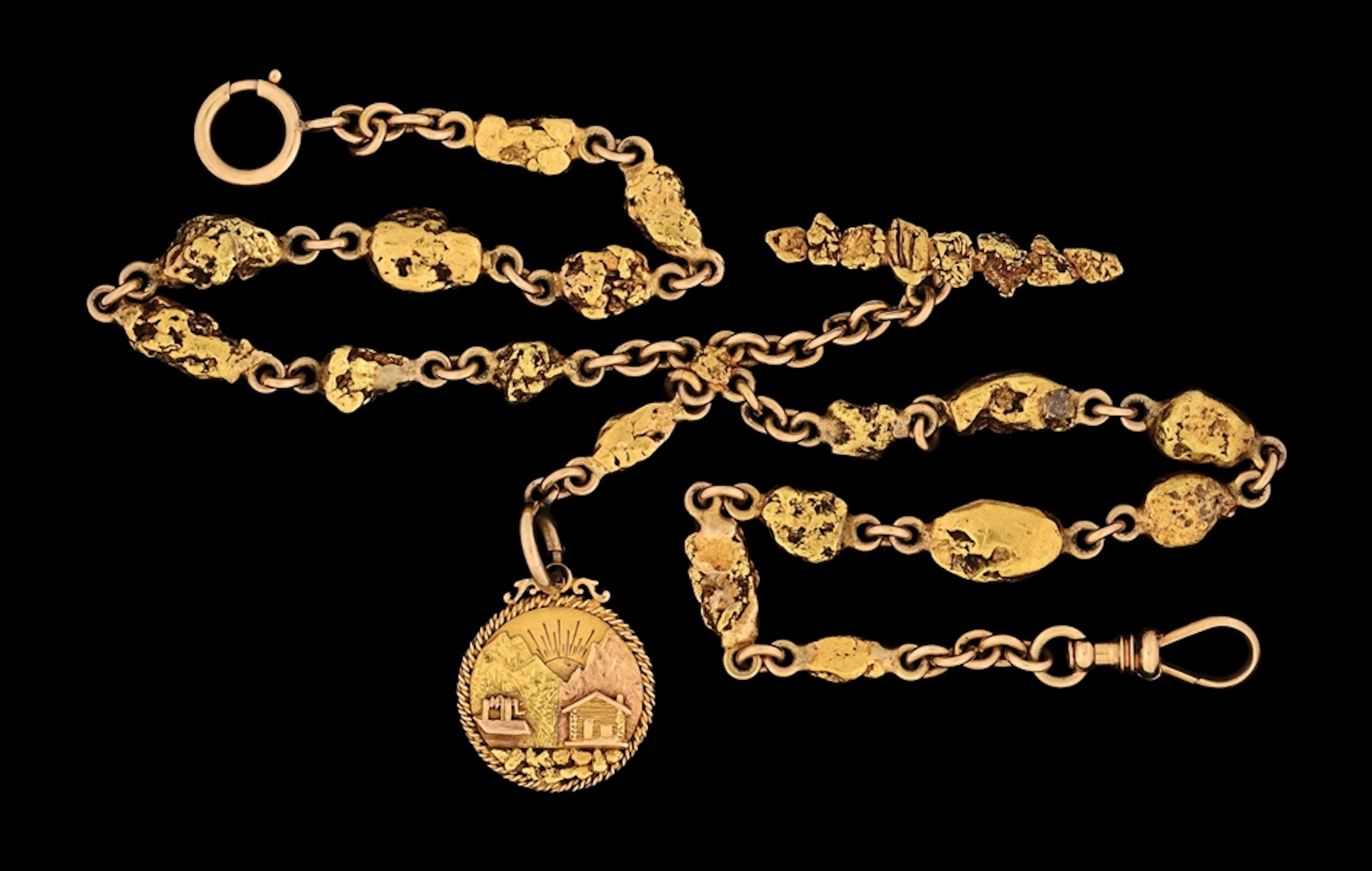14K YELLOW GOLD & NATURAL NUGGET POCKET WATCH CHAIN W/ALASKA FOB