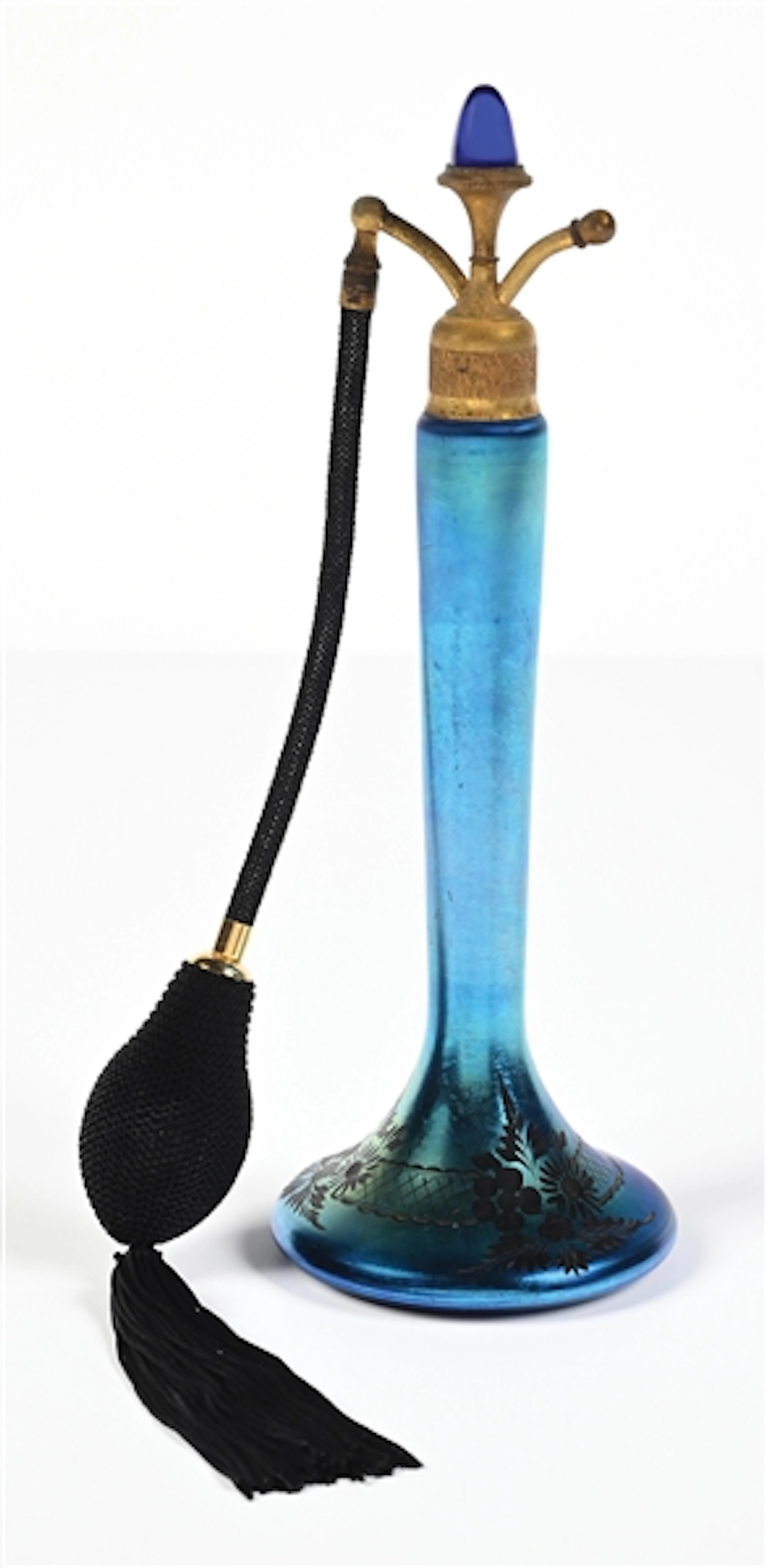 BLUE IRIDESCENT STEUBEN TALL PERFUME WITH FLORAL PATTERN & BLACK ATOMIZER