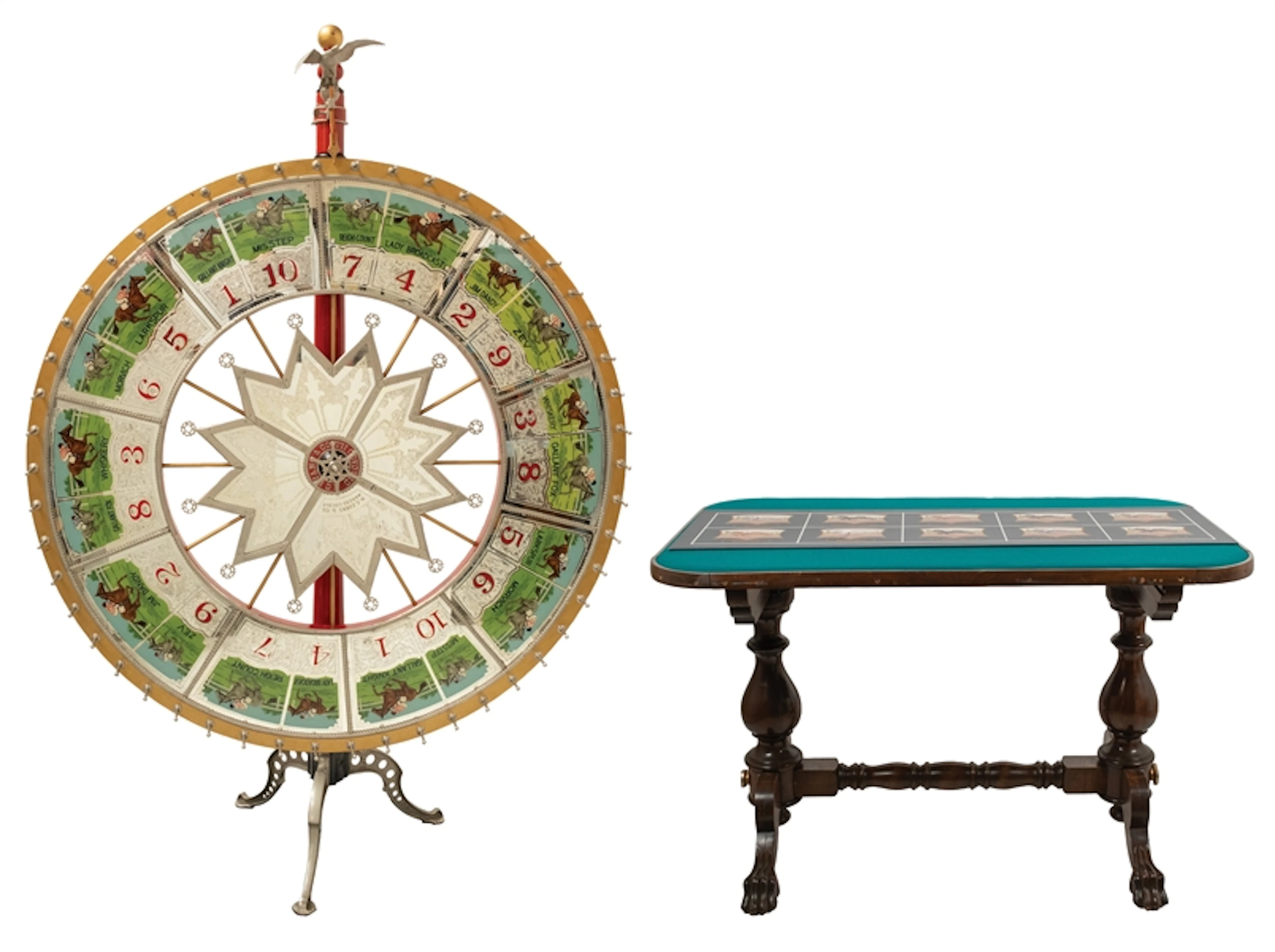 H.C. EVANS & CO. HORSE RACE GAMING WHEEL AND WALNT BETTING TABLE