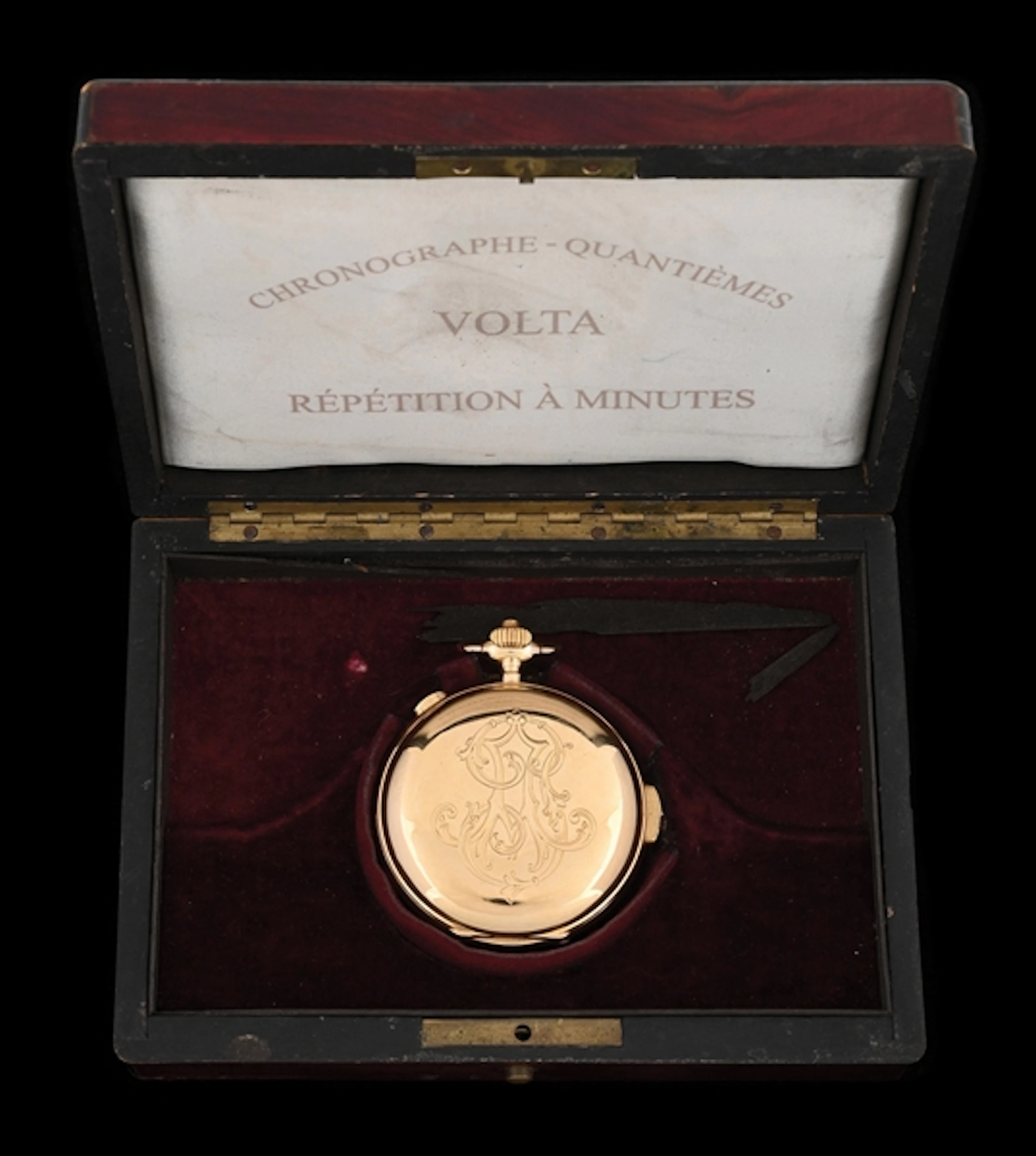 18K GOLD VOLTA MINUTE REPEATER CHRONOGRAPH H/C POCKET WATCH W/CASE