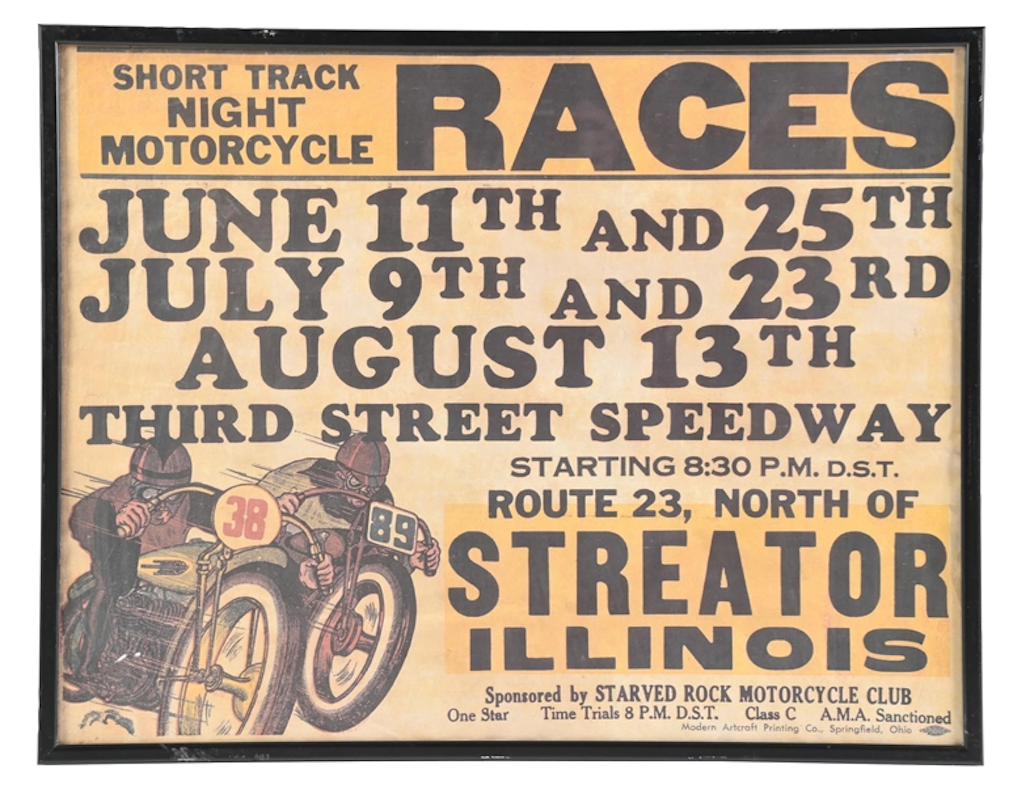 FRAMED ADVERTISING POSTER FOR MOTORCYCLE RACES IN STREATOR IL