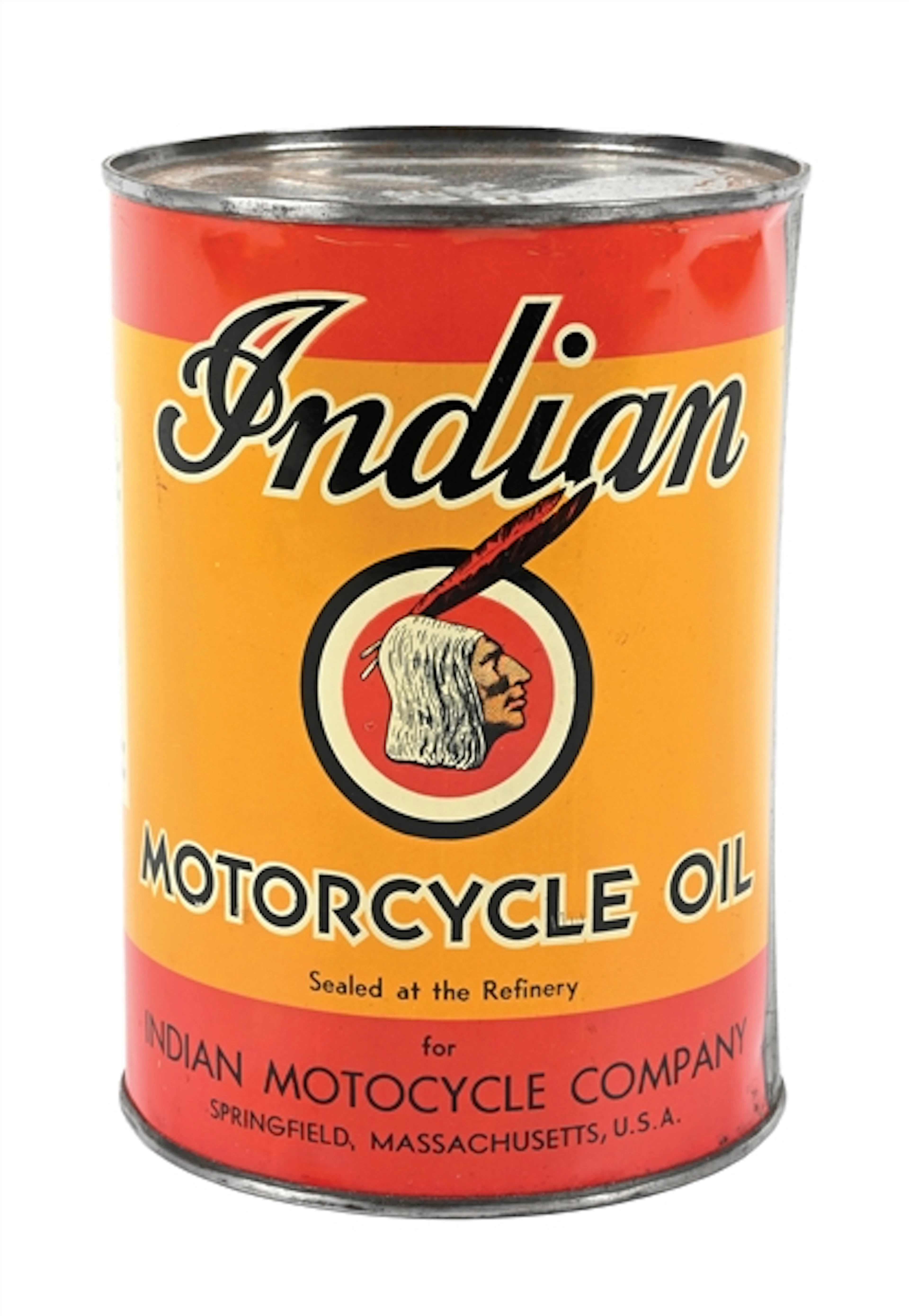 INDIAN MOTORCYCLE MOTOR OIL ONE QUART CAN W/ BULLSEYE GRAPHIC.
