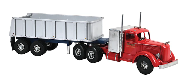 LOT OF 2: SMITH-MILLER RED TRACTOR W/ SLEEPER AND GRAY/BLUE DUMP TRAILER