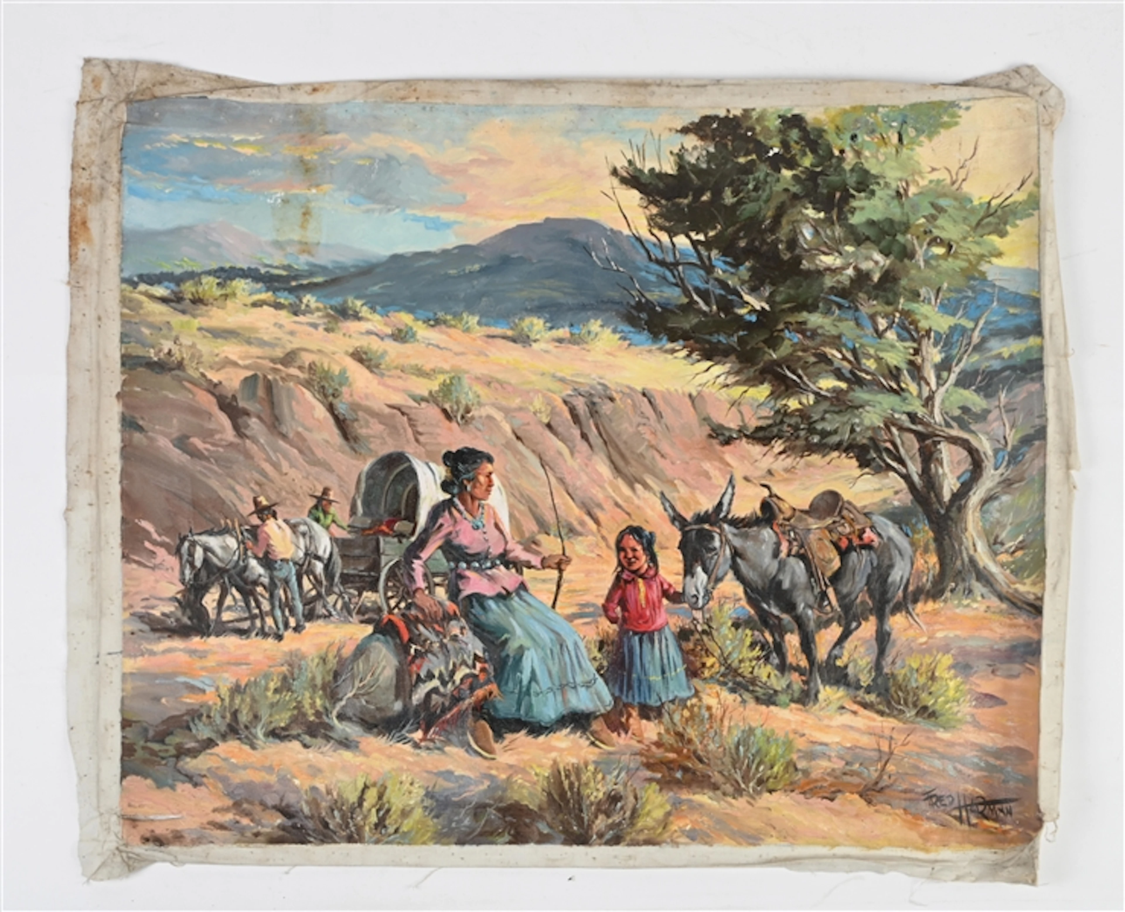 FRED HARMAN (1902-1982) OIL PAINTING NAVAJO FAMILY