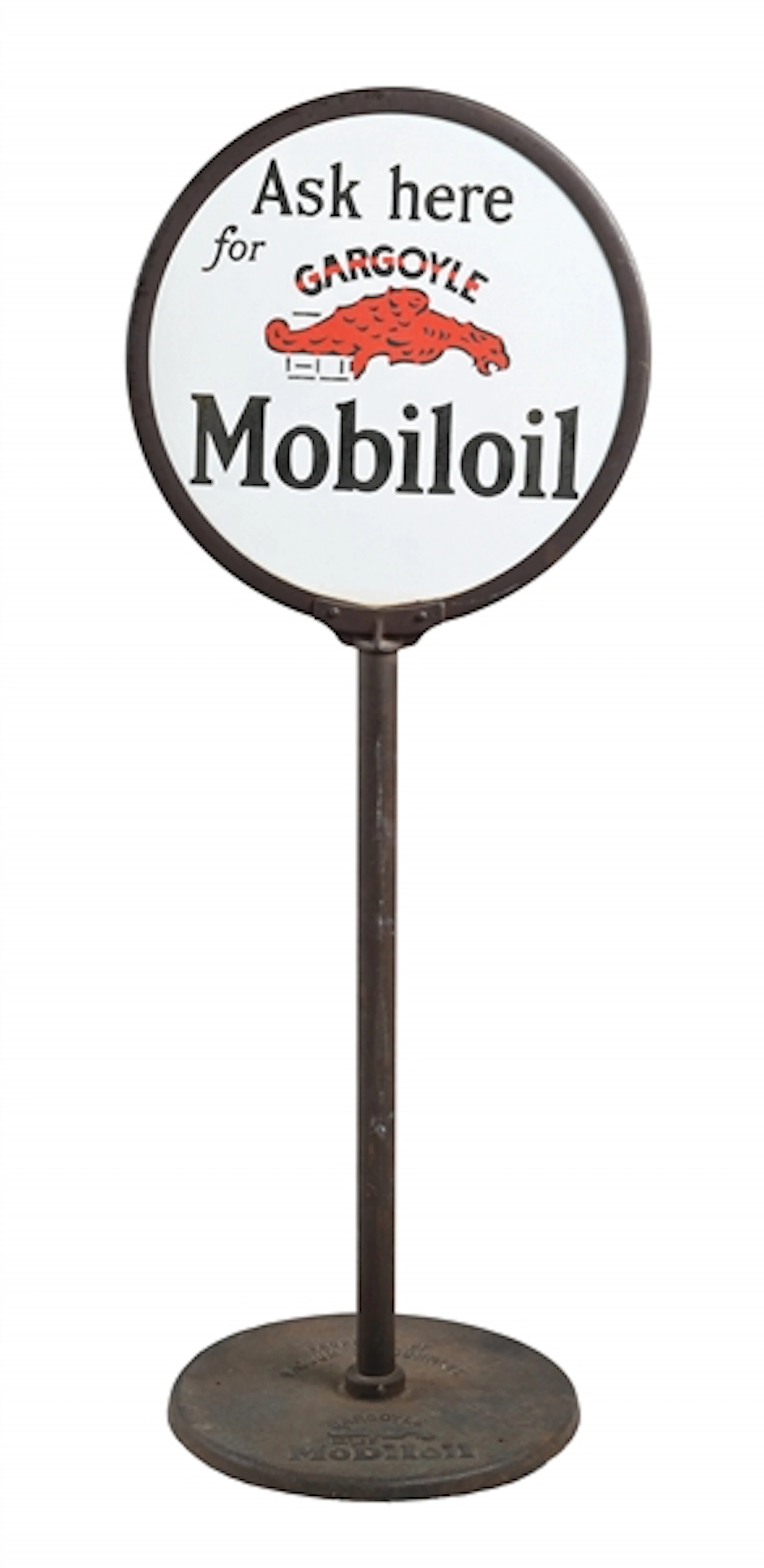 ASK HERE FOR GARGOYLE MOBILOIL PORCELAIN LOLLIPOP SIGN WITH ORIGINAL BASE