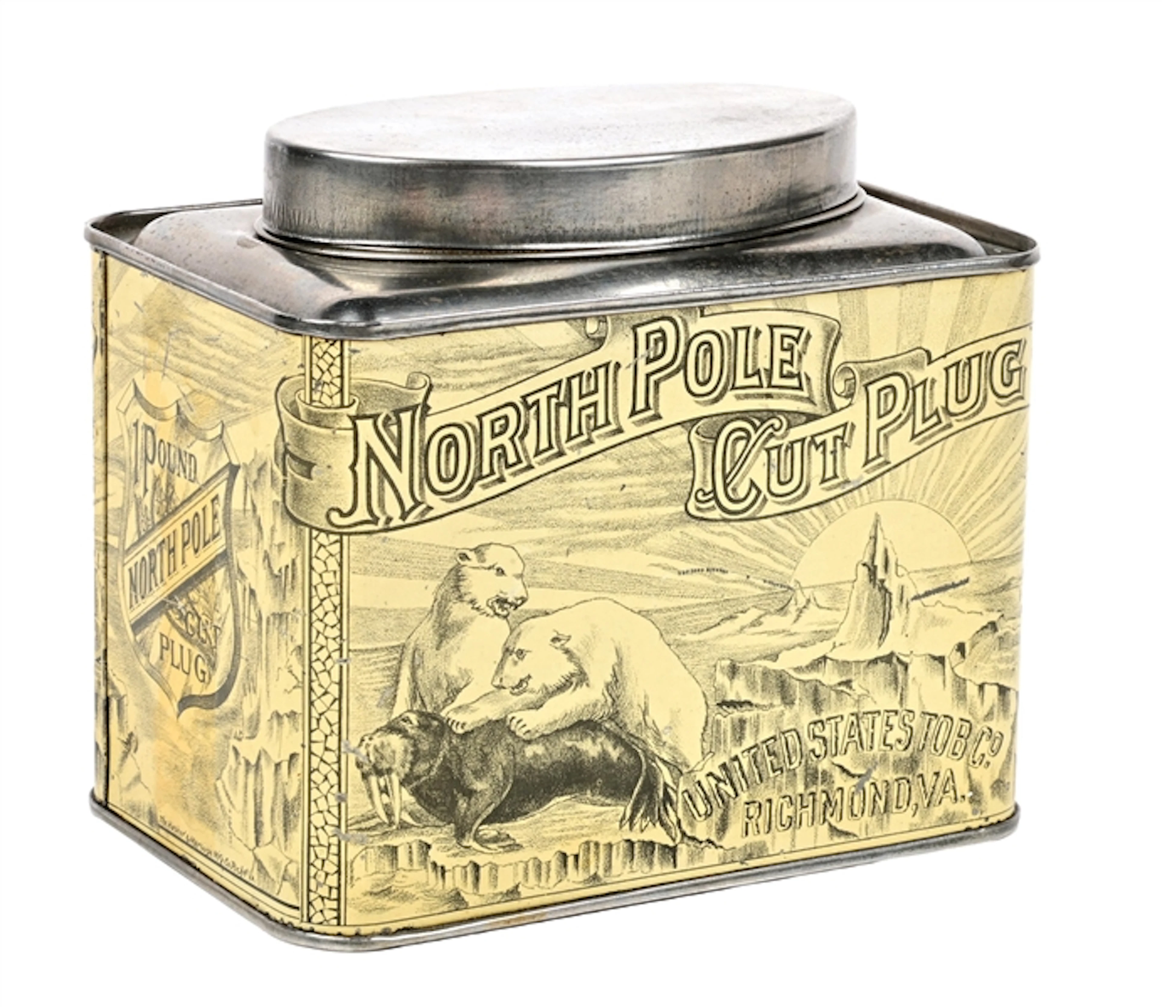 NORTH POLE CUT PLUG TOBACCO ONE POUND CAN W/ POLAR BEAR GRAPHICS.