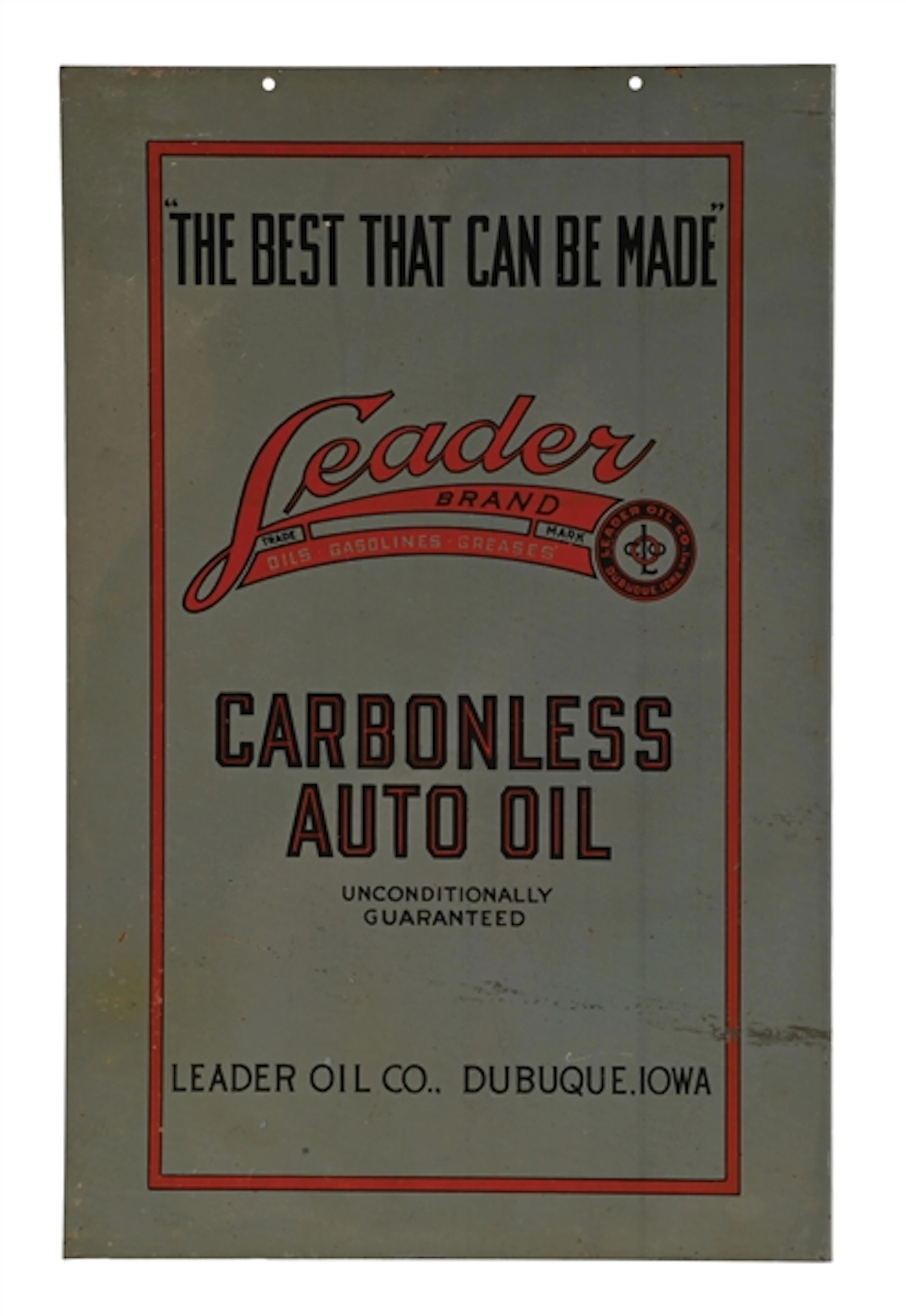 LEADER CARBONLESS AUTO OIL "THE BEST THAT CAN BE MADE" TIN FLANGE SIGN
