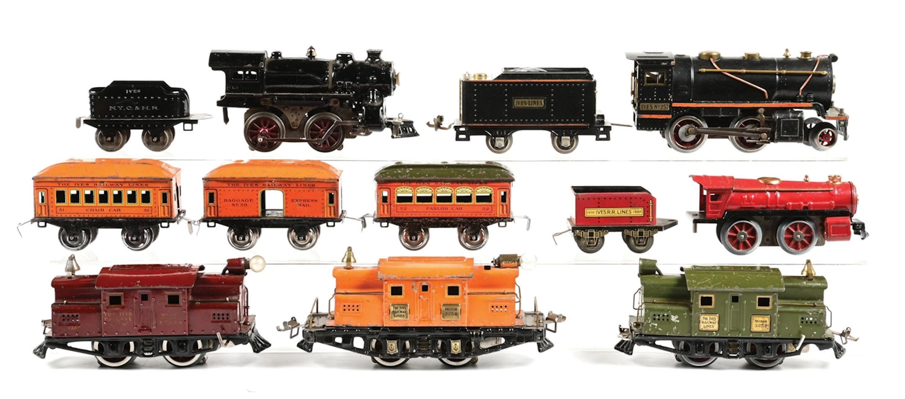 LOT OF 9: PRE-WAR IVES O-GA. STEAM & ELECTRIC LOCOMOTIVES & 3 TIN