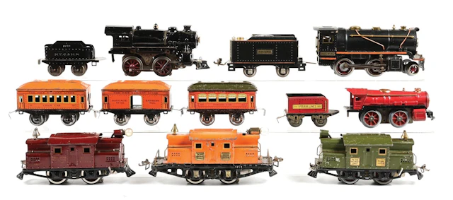 LOT OF 9: PRE-WAR IVES O-GA. STEAM & ELECTRIC LOCOMOTIVES & 3 TIN
