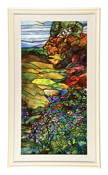 TIFFANY STUDIOS LANDSCAPE WINDOW W/ IRISES FROM THE SEYMOUR & EVELYN