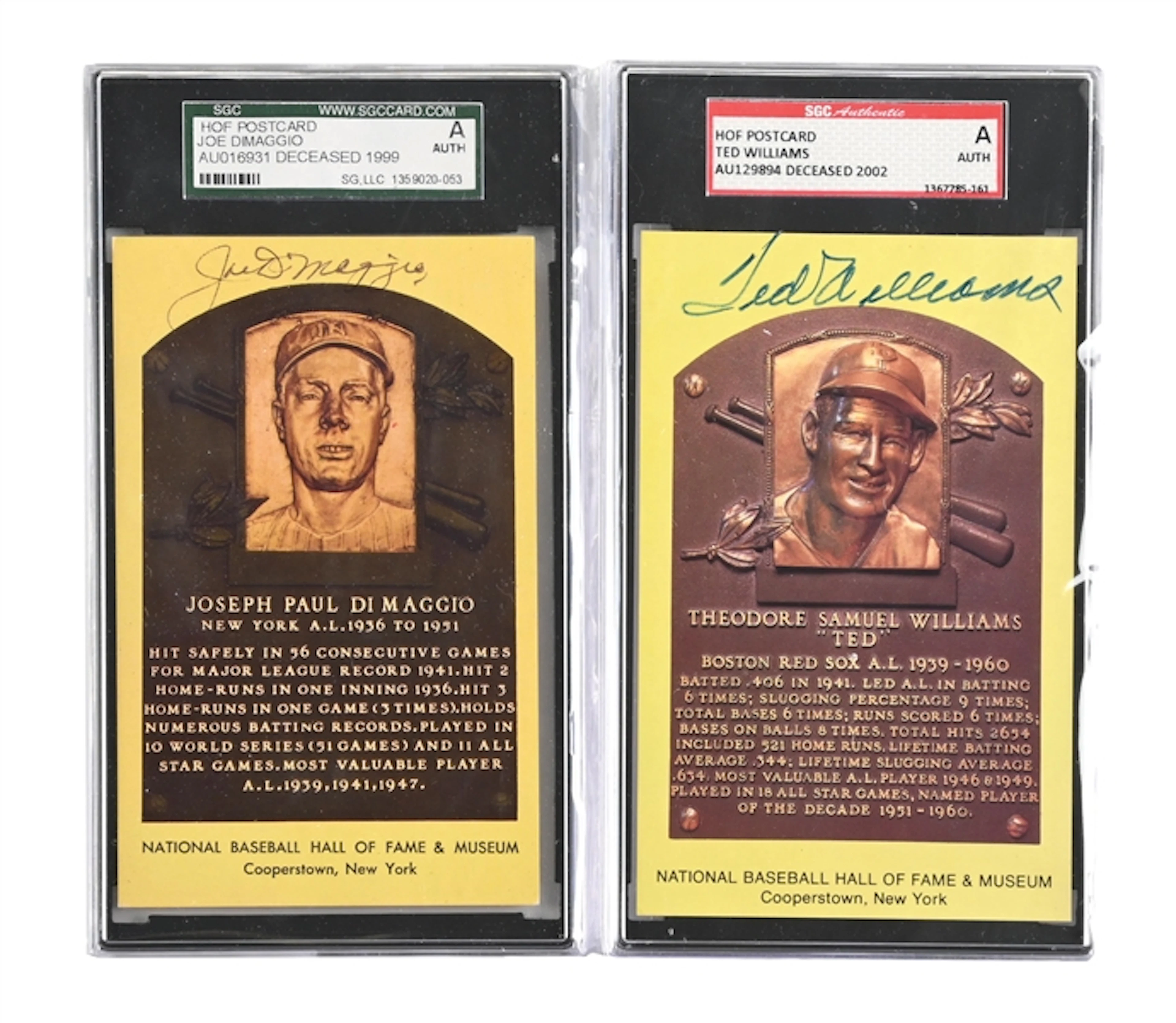 LOT OF 2: SIGNED YELLOW HOF POSTCARDS OF JOE DIMAGGIO AND TED WILLIAMS