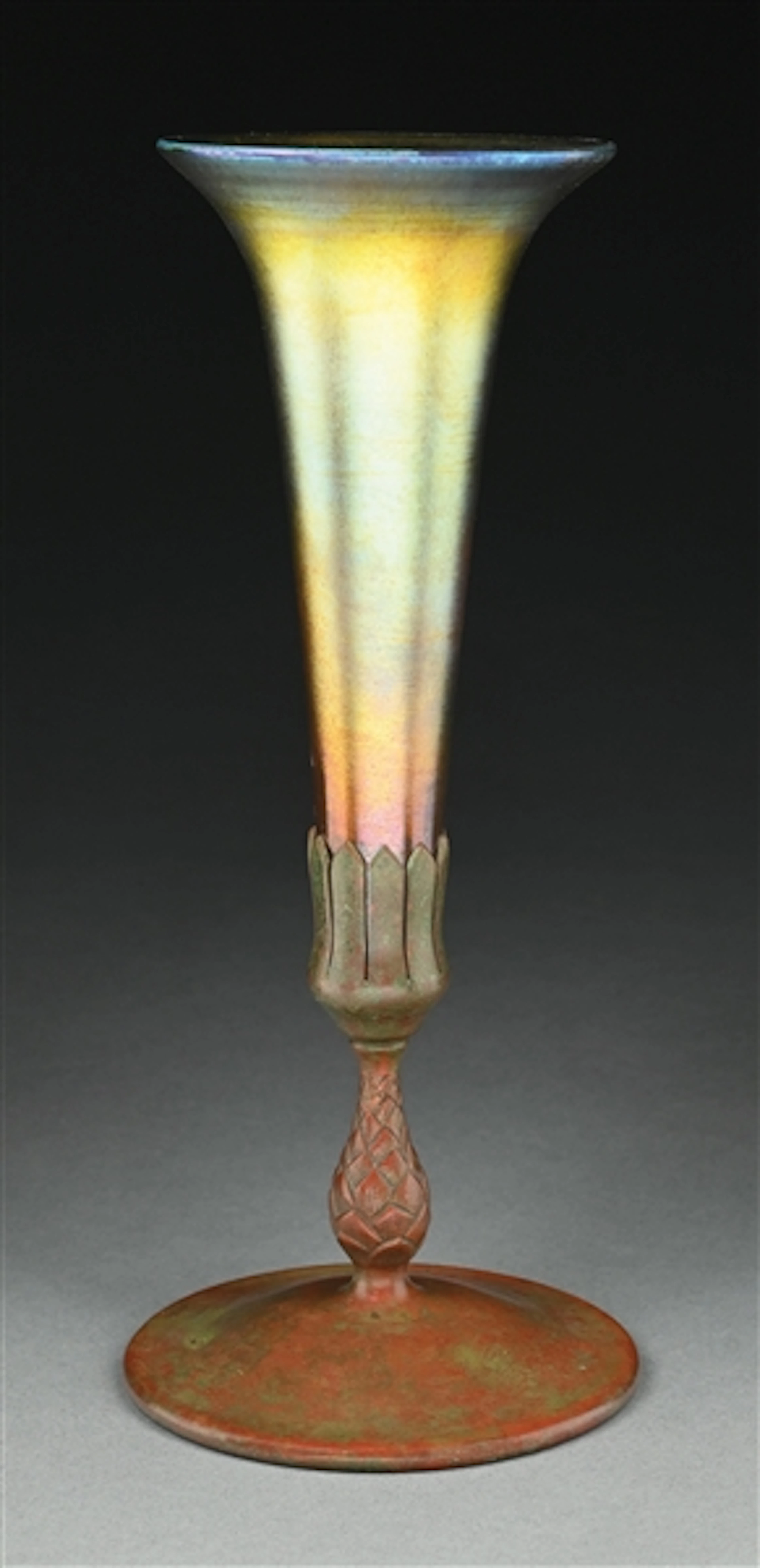 TIFFANY STUDIOS FAVRILE GLASS VASE WITH BRONZE VASE