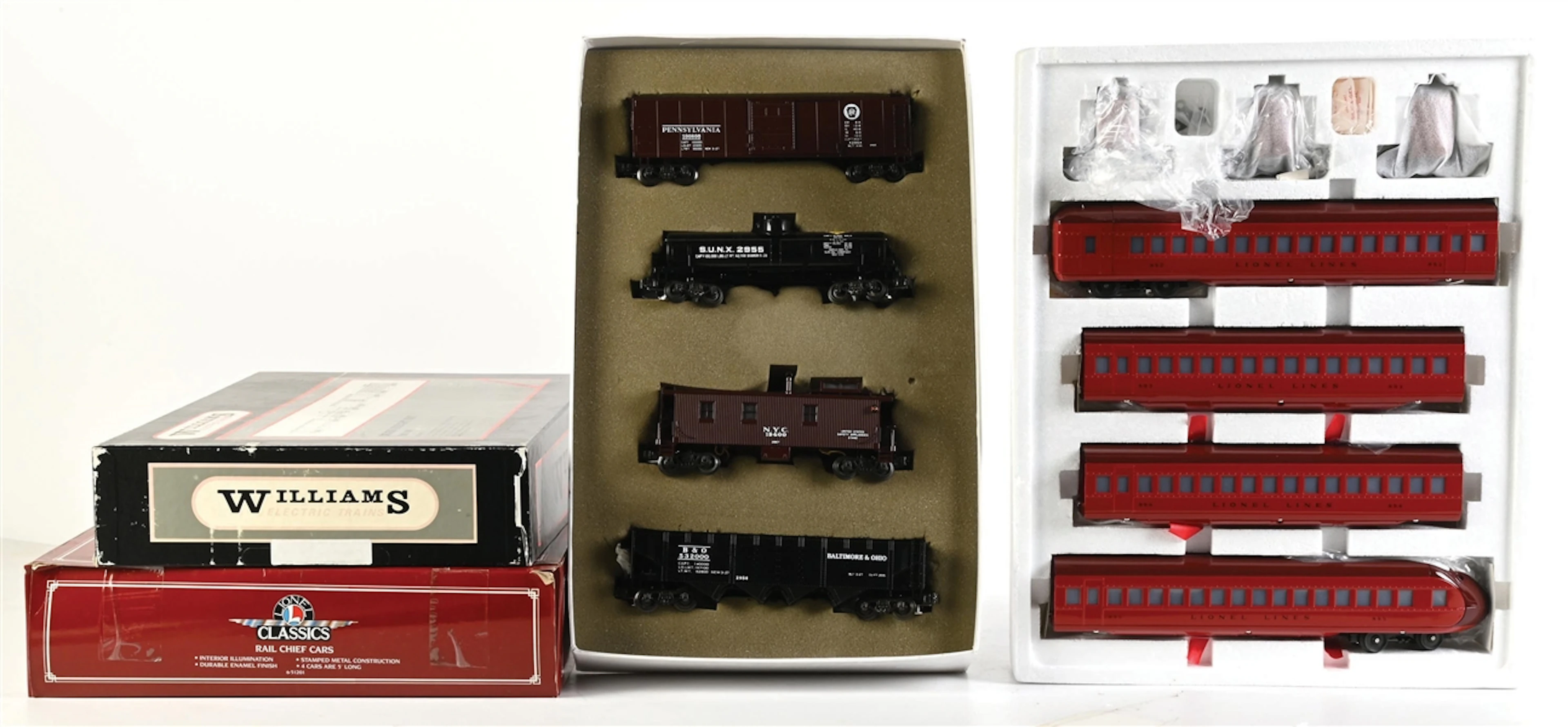 LOT OF 2: O-GA. LIONEL CLASSICS RAIL CHIEF CARS AND WILLIAMS FREIGHT CAR SET
