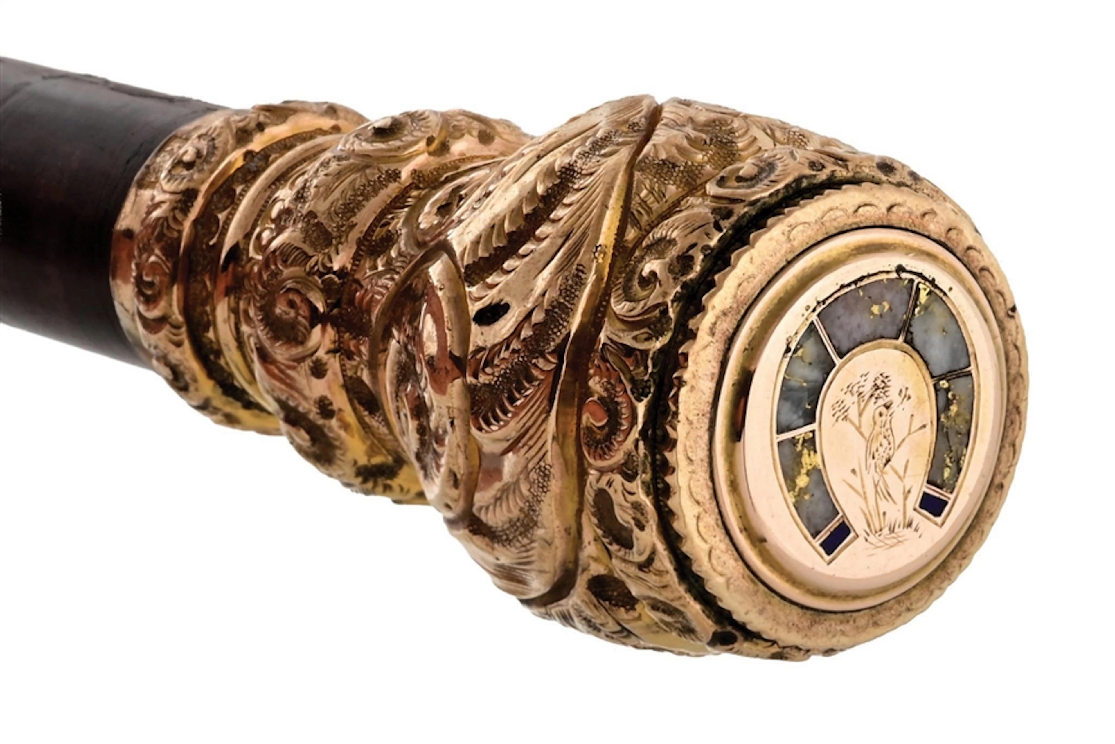 WALKING STICK WITH GOLD PIETRA DURA HORSESHOE INLAY HANDLE