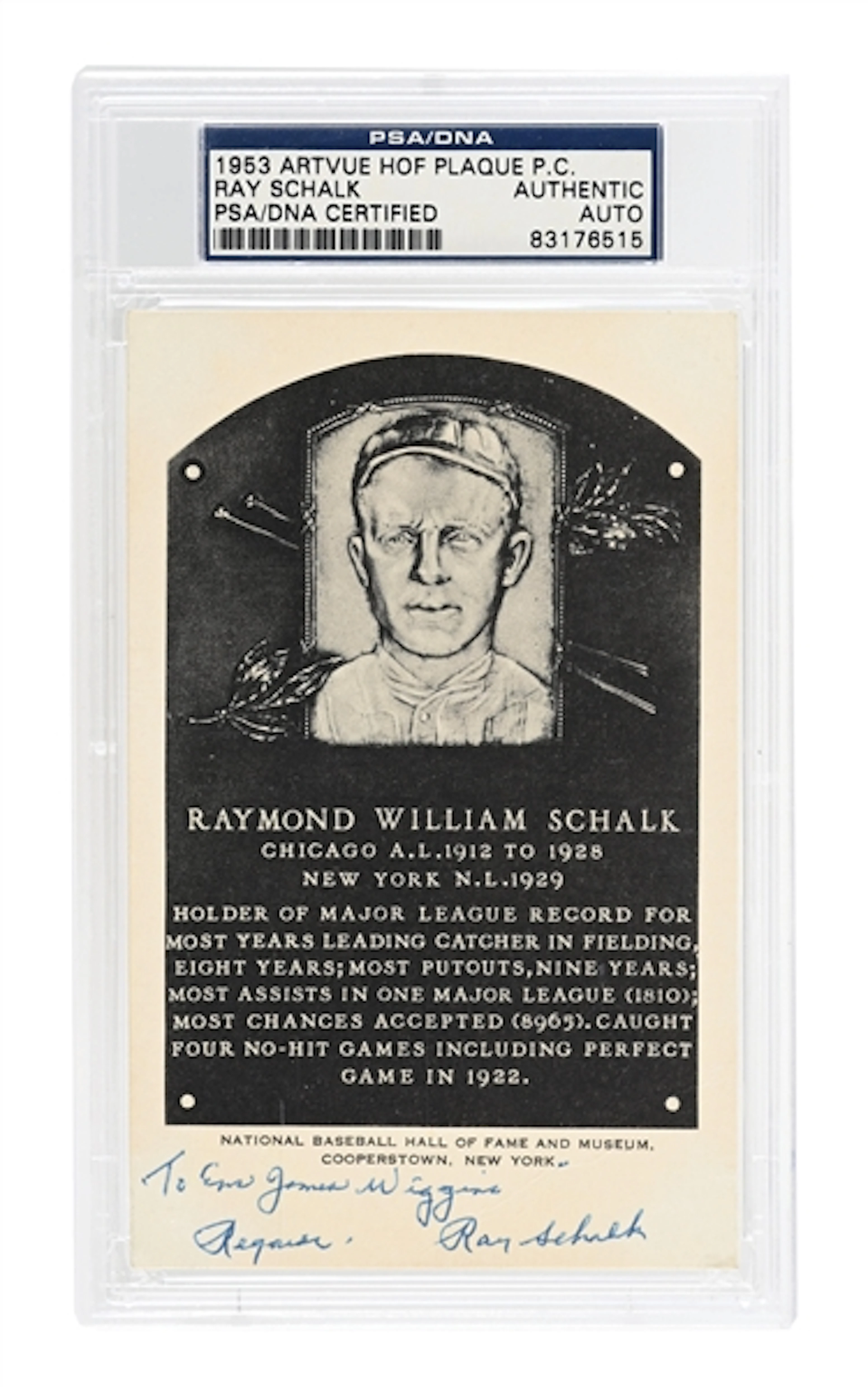 RAY SCHALK SIGNED ARTVUE HOF PLAQUE PSA/DNA