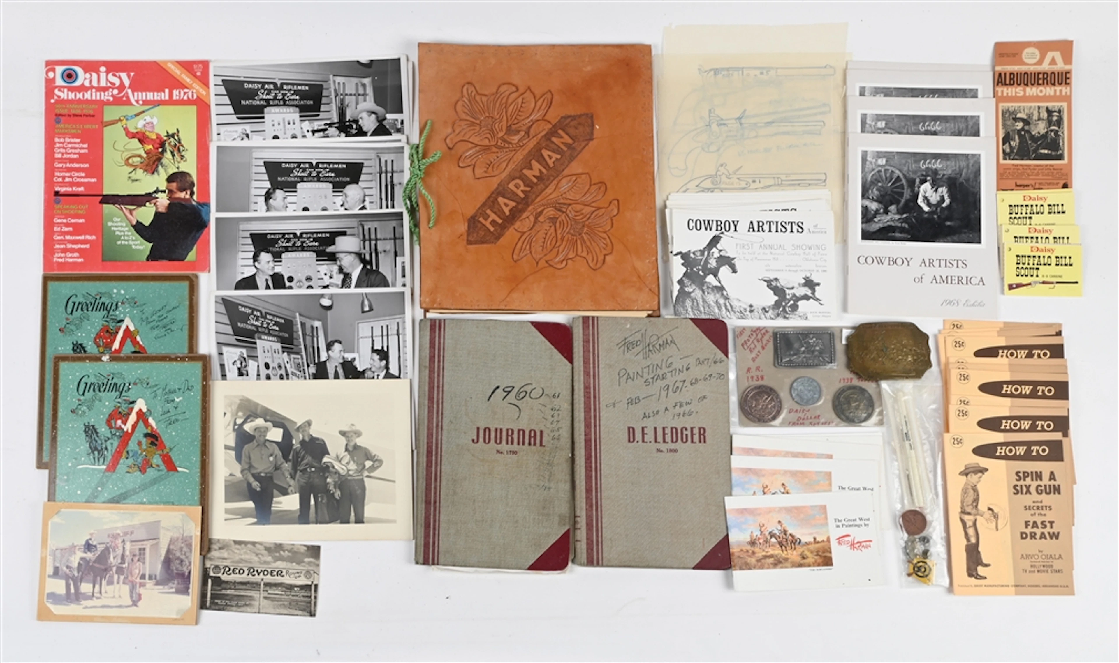 LARGE LOT OF: FRED HARMAN EPHEMERA, DRAWINGS, POSTERS AND TWO FIREARMS