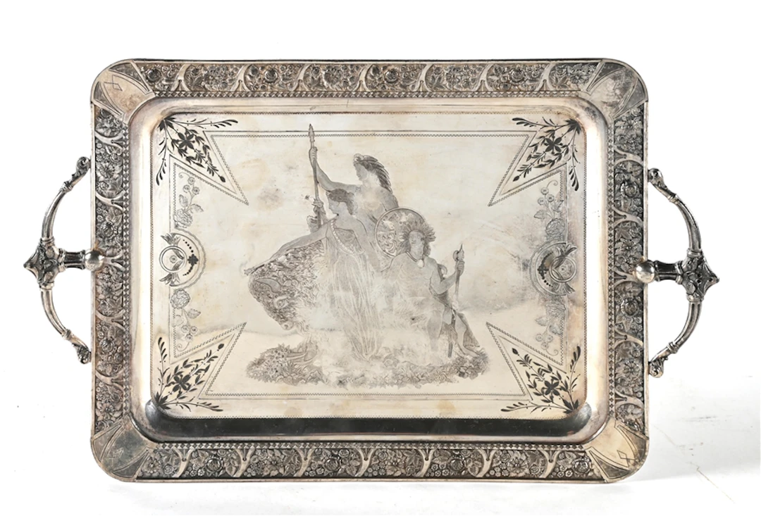 DECORATIVE HANDLED SILVER PLATED SERVING TRAY