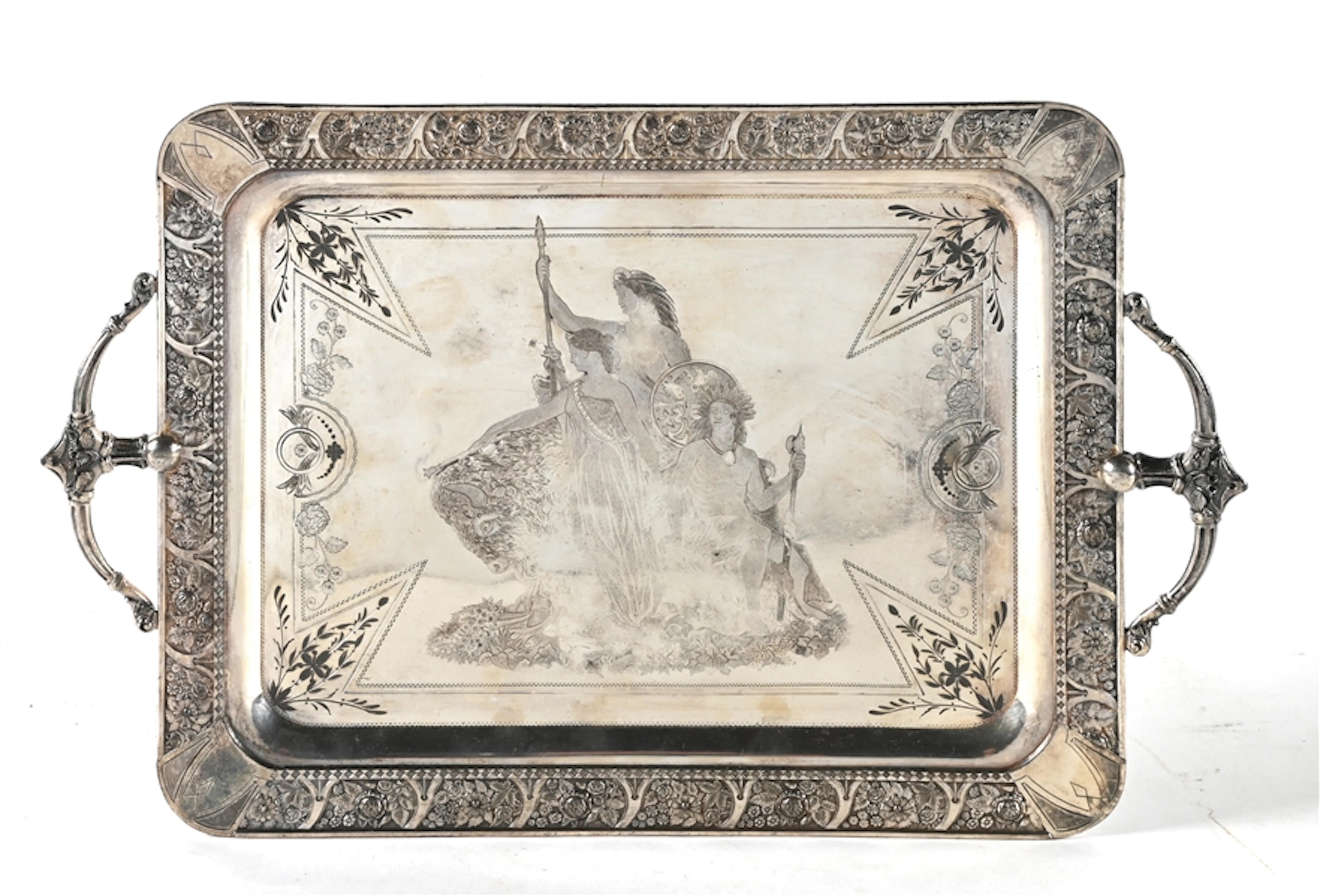 DECORATIVE HANDLED SILVER PLATED SERVING TRAY
