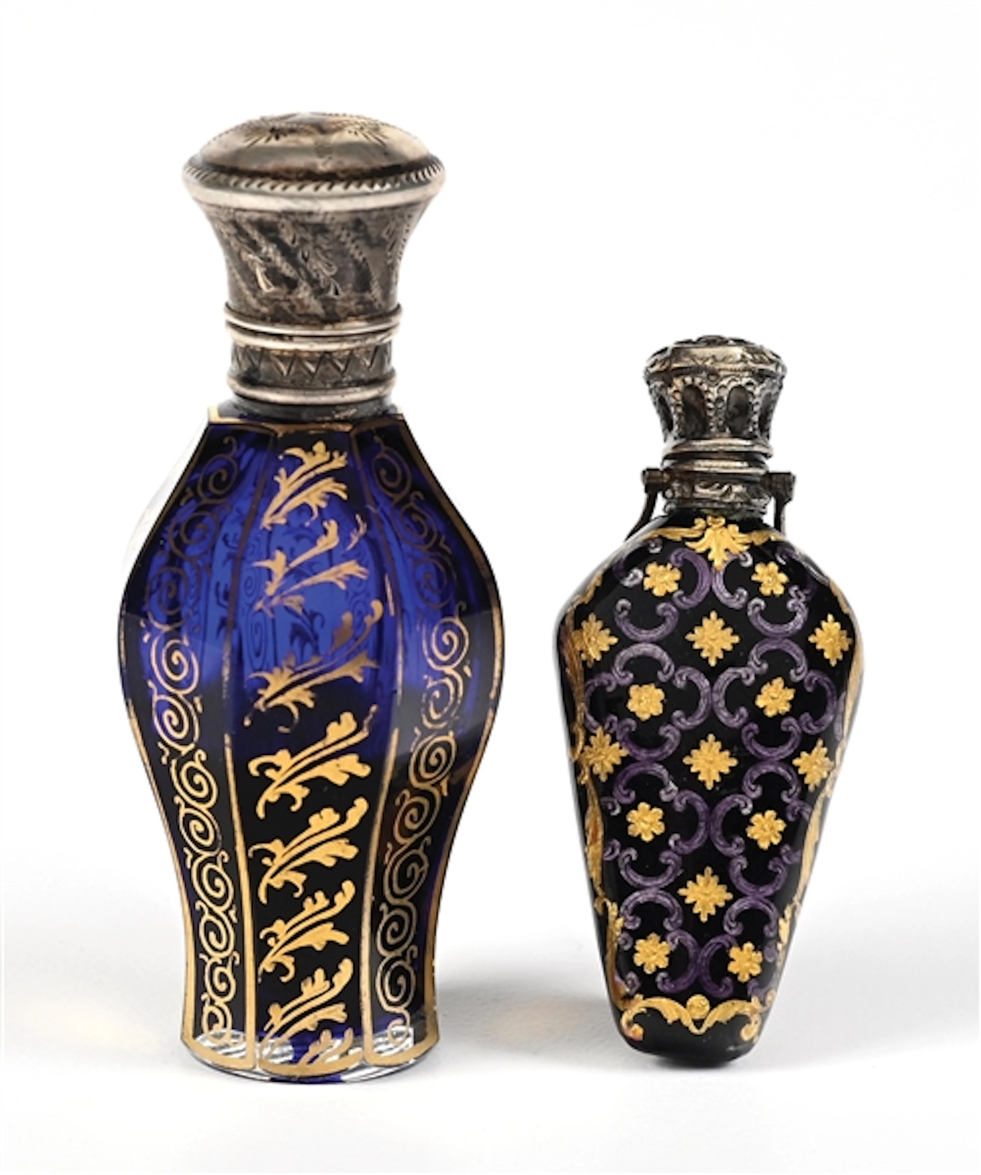 LOT OF 2: COBALT BLUE GLASS WITH GOLD DETAIL PERFUME BOTTLES