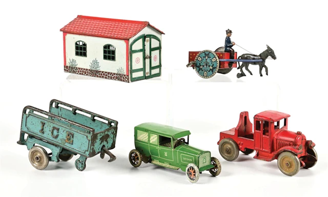 LOT OF 3: KENTON ICE DELIVERY TRACTOR-TRAILER & LEHMANN SEDAN-GARAGE