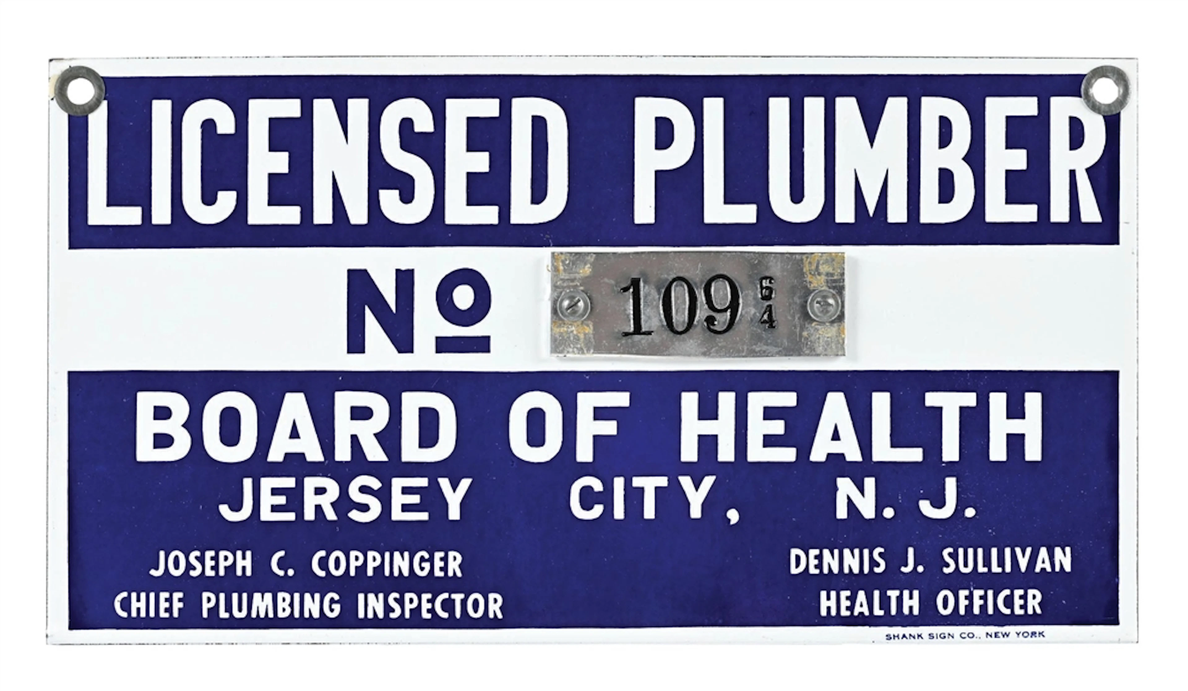 LICENSED PLUMBER BOARD OF HEALTH JERSEY CITY, N.J. PORCELAIN SIGN