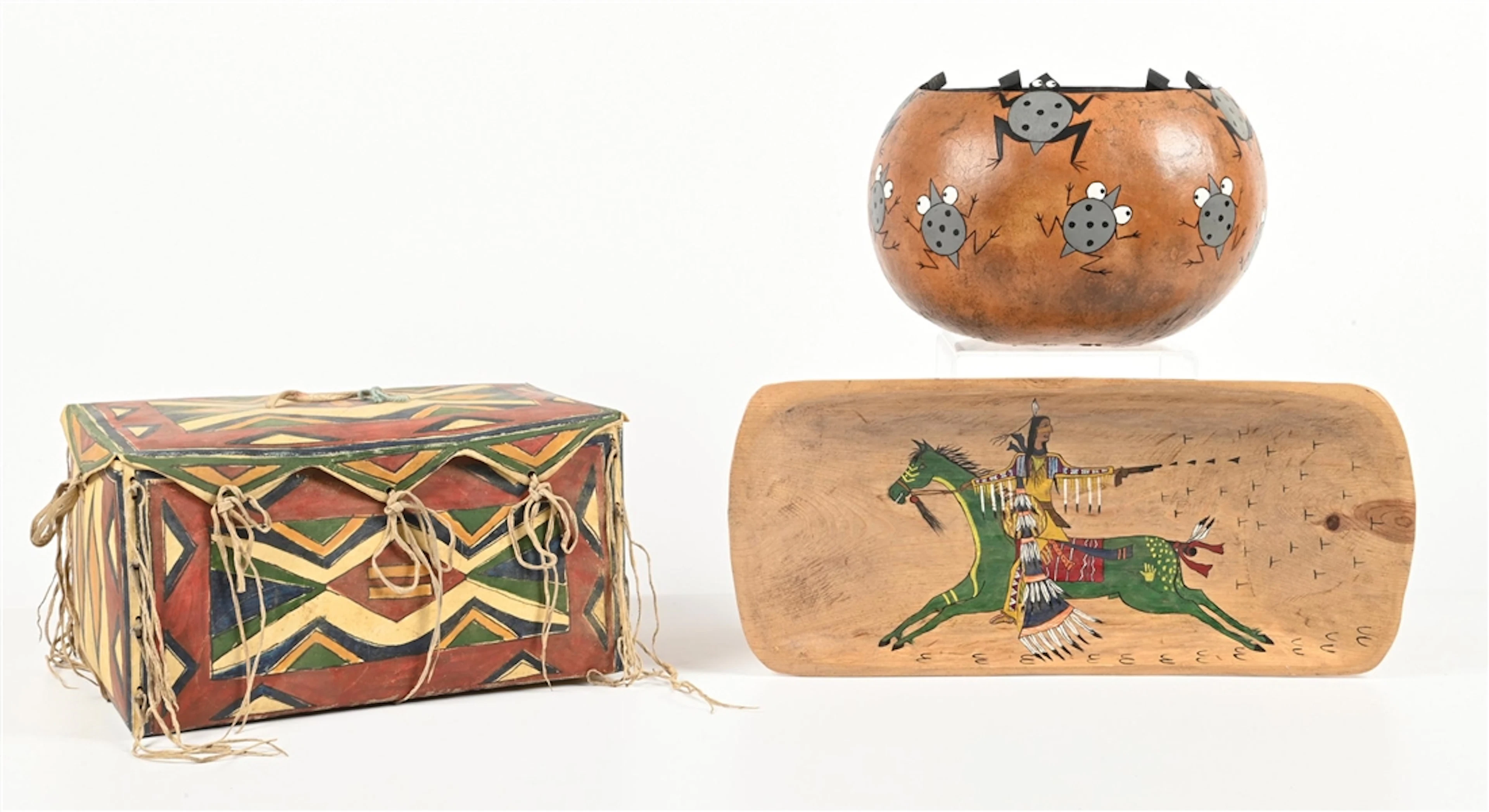 LOT OF 3: PARFLECHE BOX, GOURD WITH FROG MOTIF AND TRAY/BOWL