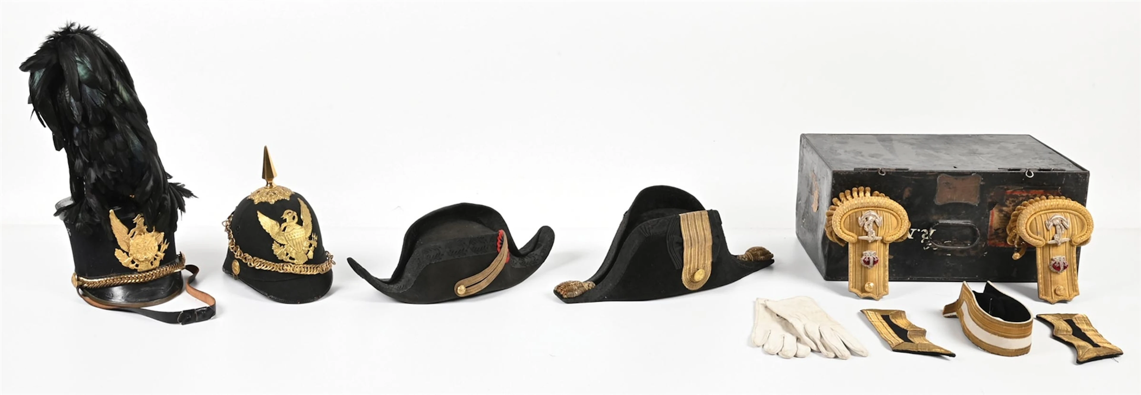 LOT OF 4: US DRESS HELMET, SHAKO, AND EUROPEAN FORE AND AFT HATS.