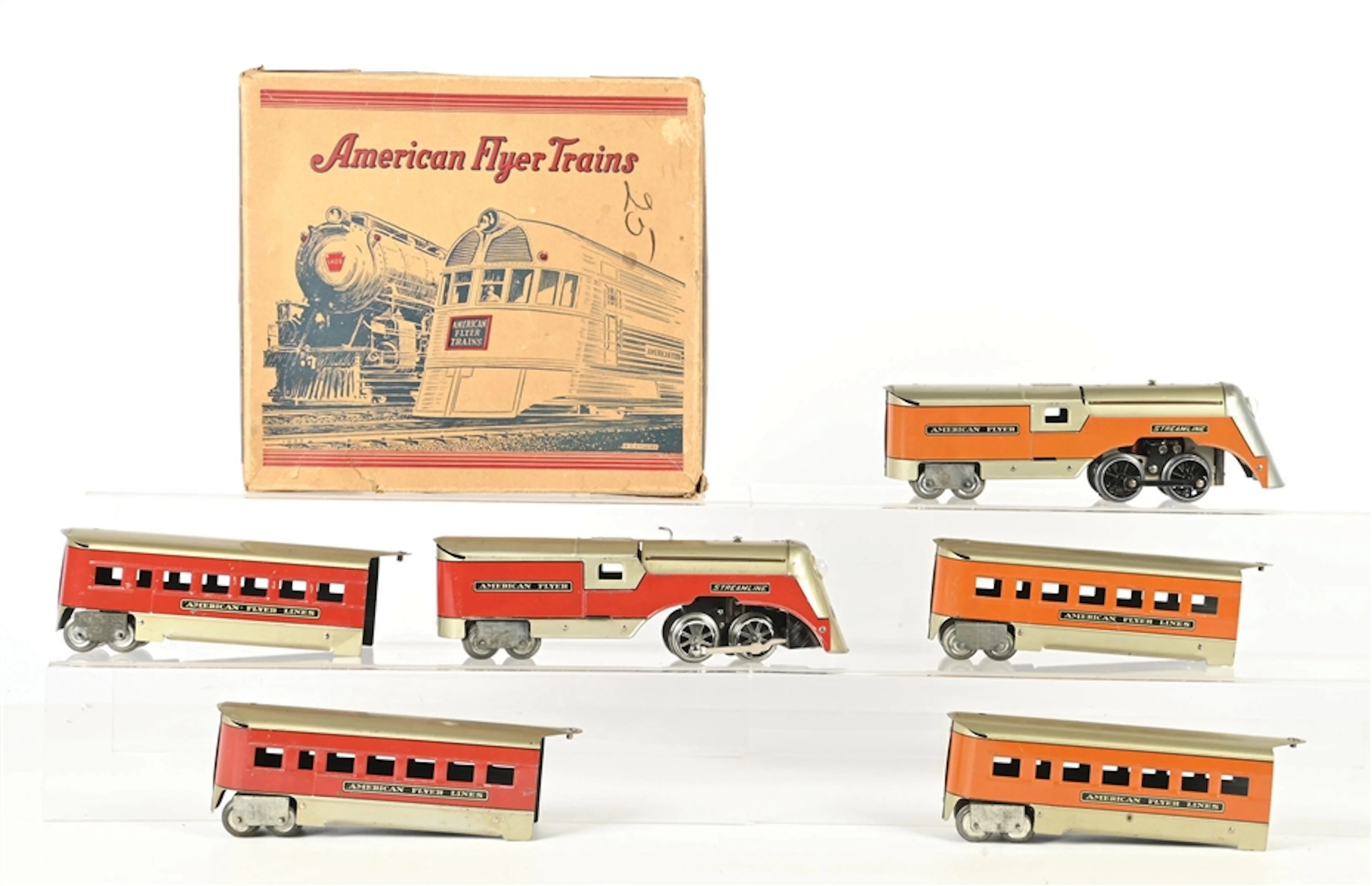 LOT OF 2: AMERICAN FLYER PREWAR O. GAUGE STREAMLINE TIN LITHO PASSENGER
