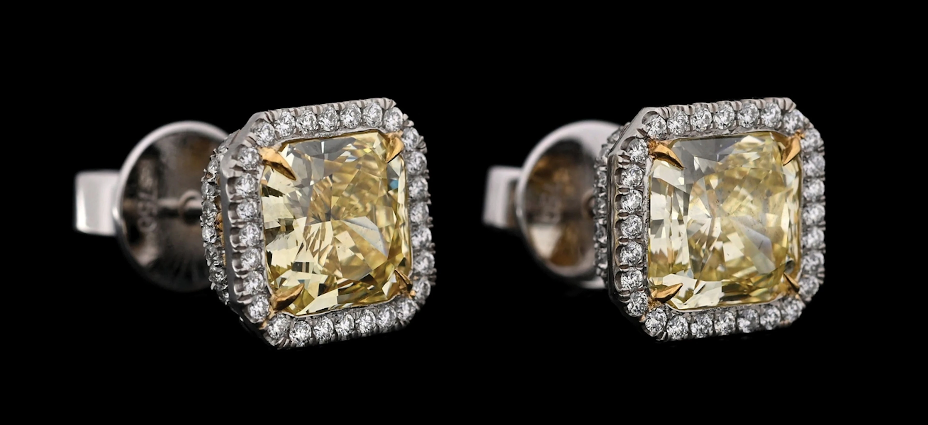 18K WHITE GOLD 5.67CT TW FANCY YELLOW DIAMOND EARRINGS W/GIA REPORTS