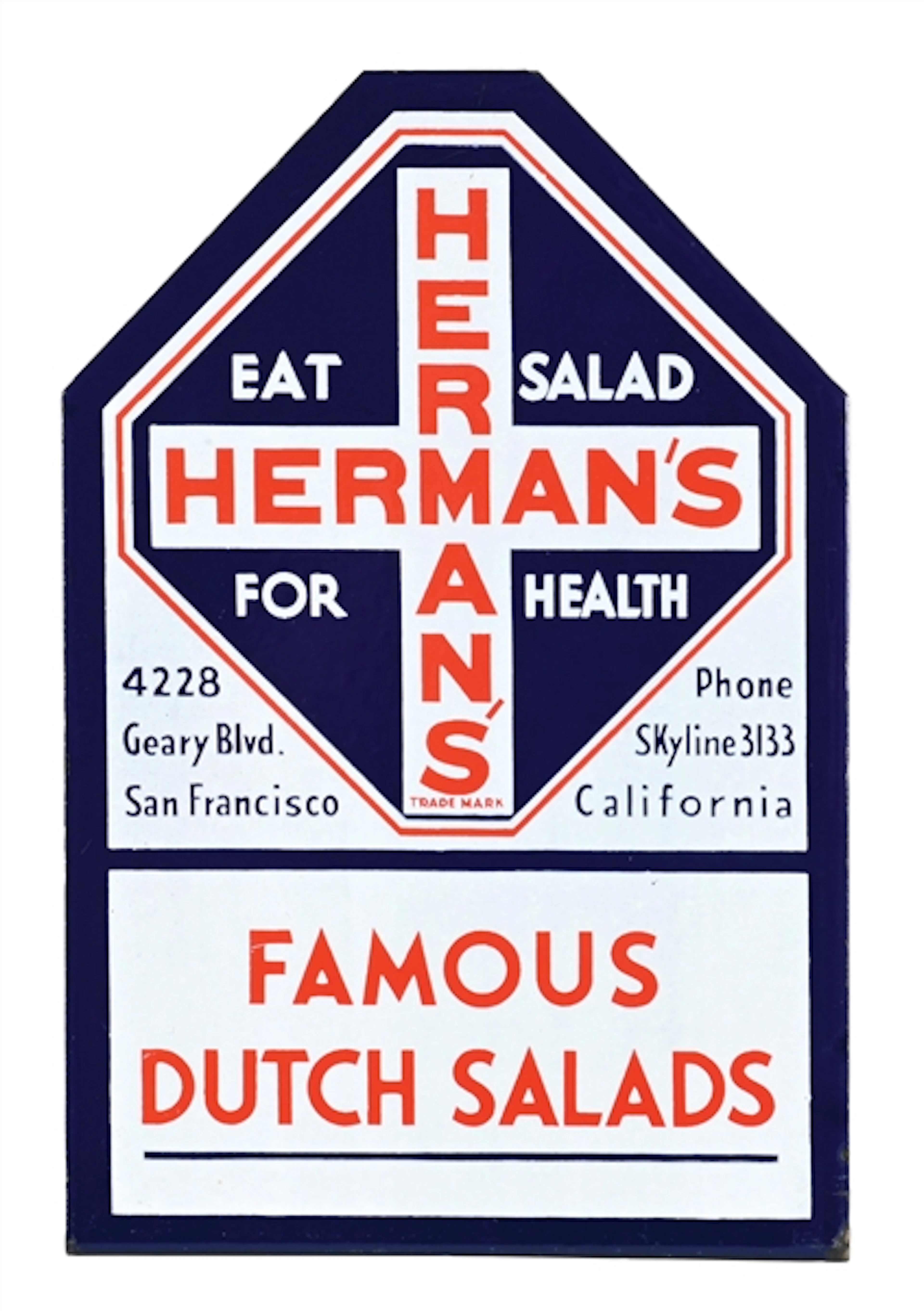HERMAN'S FAMOUS DUTCH SALADS PORCELAIN SIGN W/ FLANGE DISPLAY BASE.