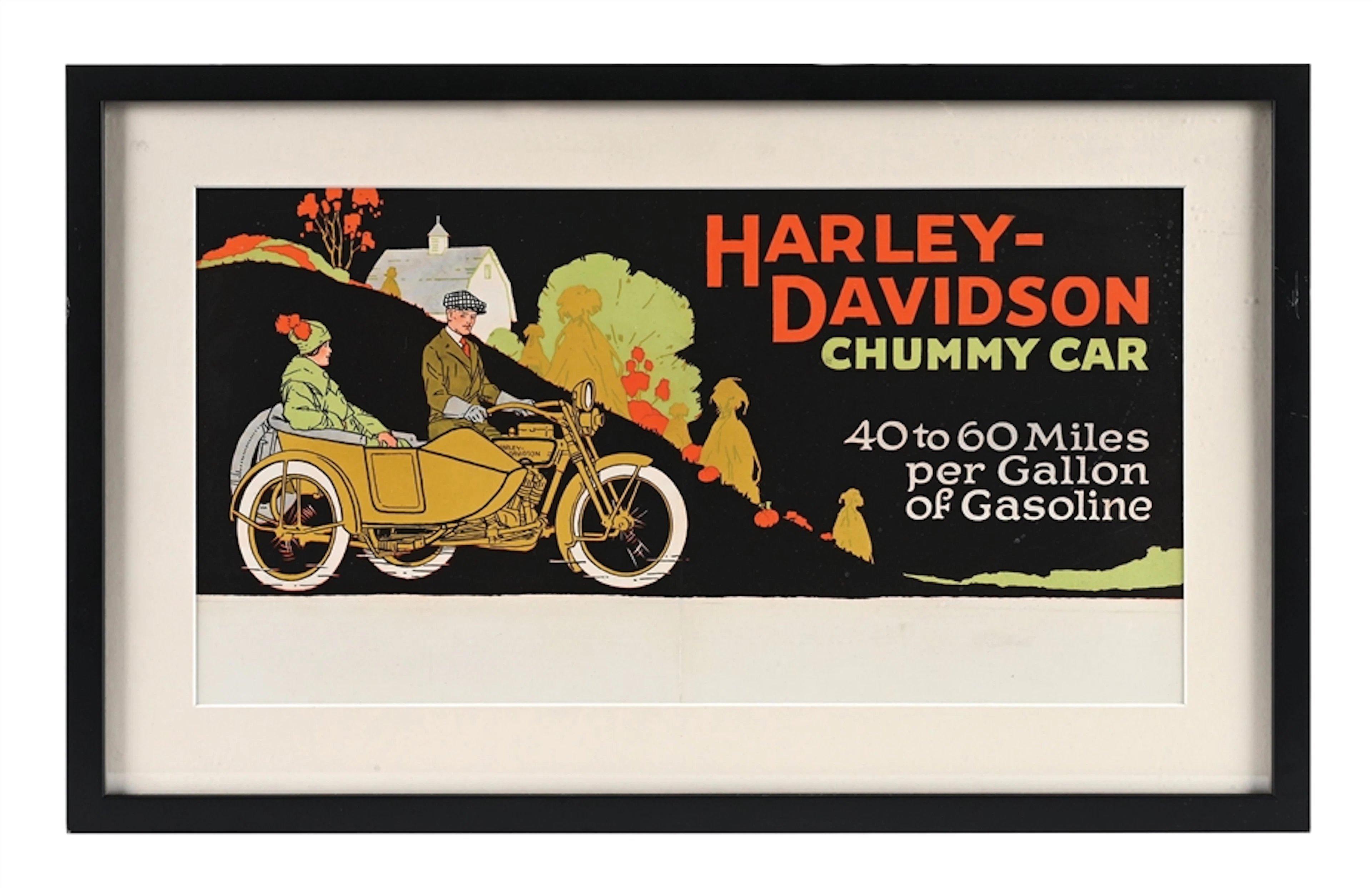 HARLEY-DAVIDSON CHUMMY CAR FRAMED CARDSTOCK TROLLEY CAR SIGN.