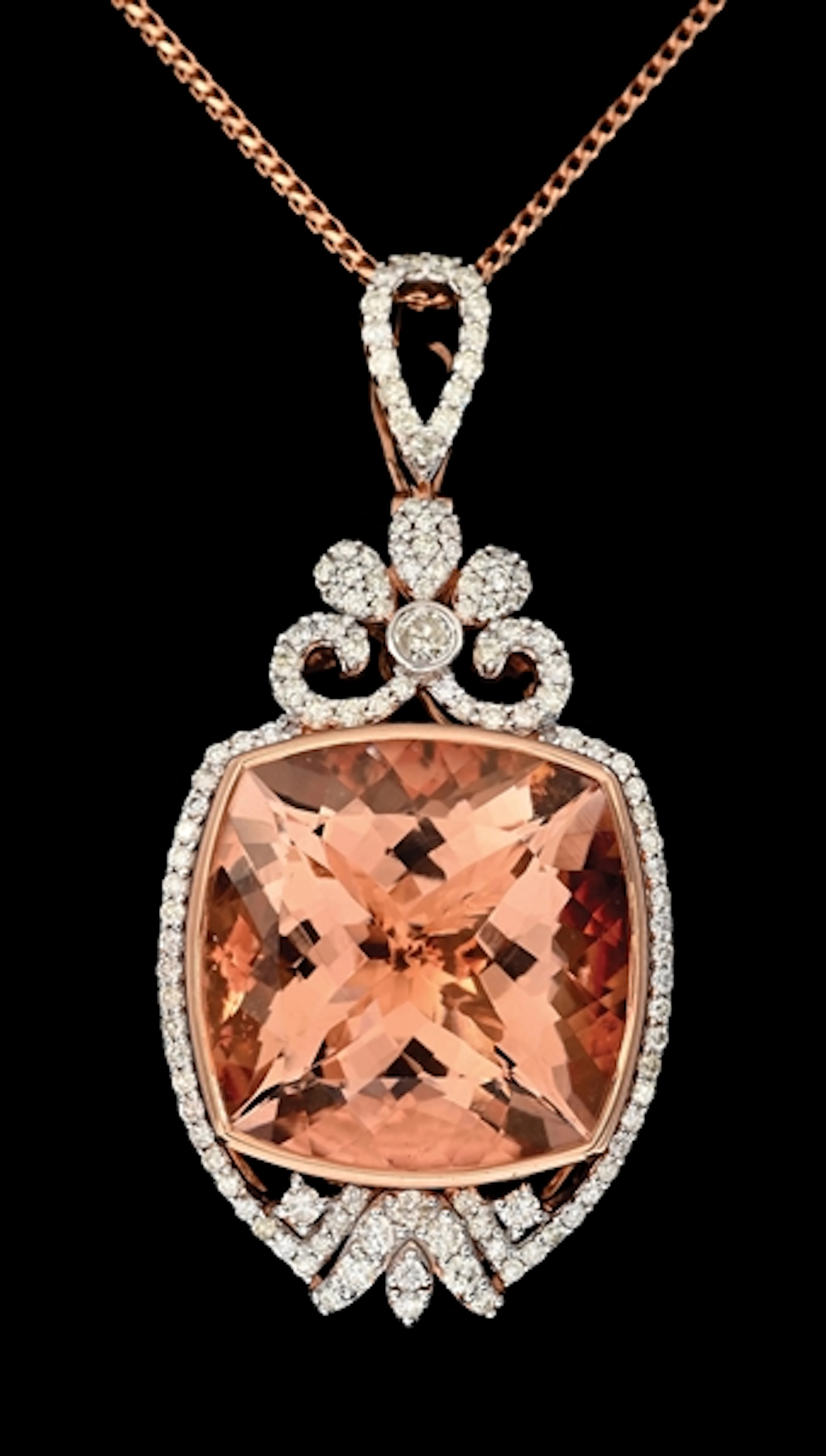 14K ROSE GOLD MORGANITE & DIAMOND NECKLACE W/ REPORT