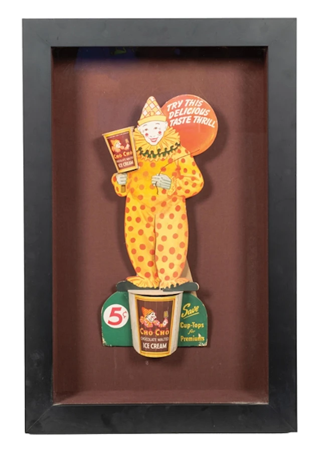 CHO-CHO CHOCOLATE MALT ICE CREAM CARDBOARD DISPLAY IN FRAMED SHAWDOW BOX