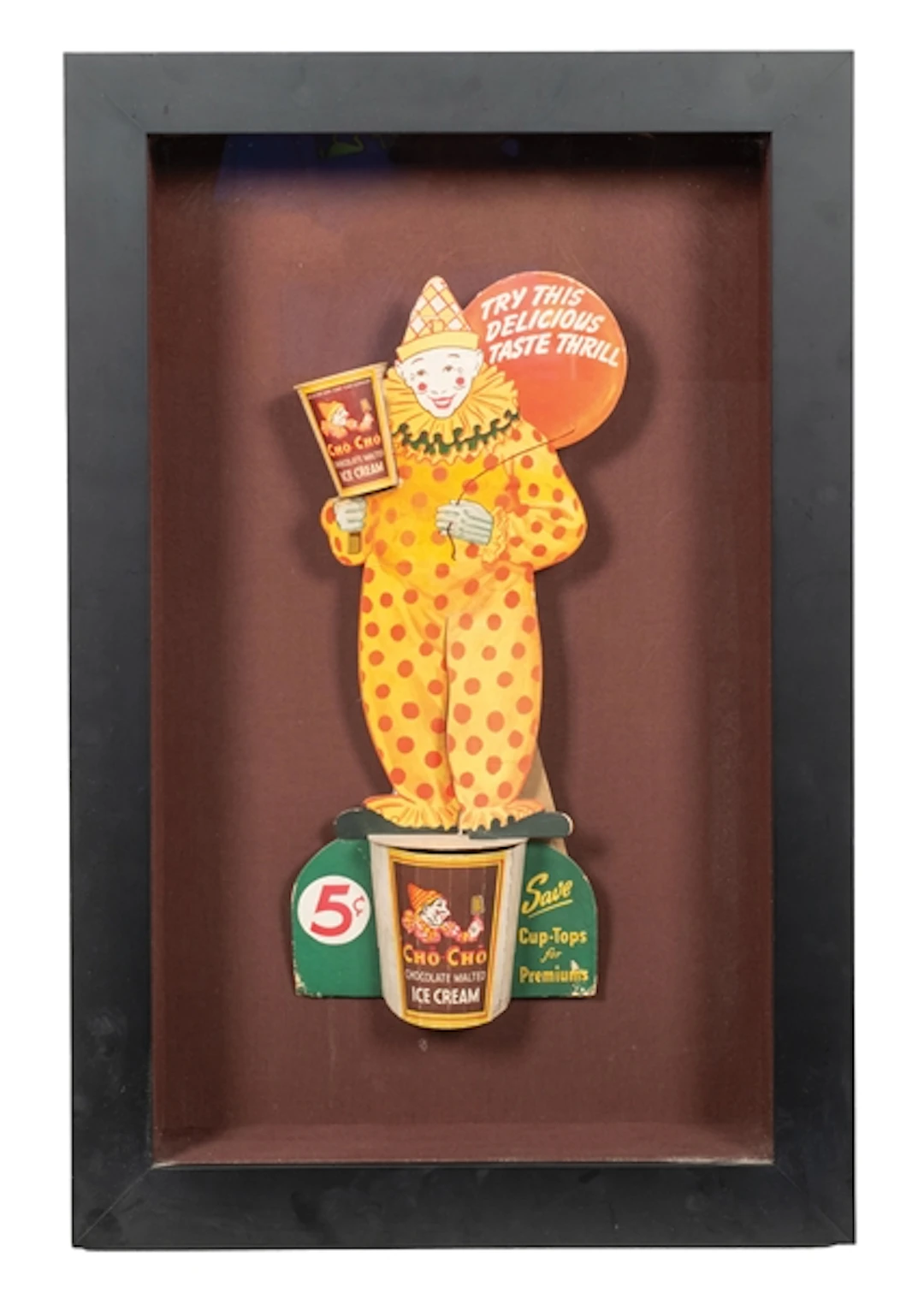 CHO-CHO CHOCOLATE MALT ICE CREAM CARDBOARD DISPLAY IN FRAMED SHAWDOW BOX