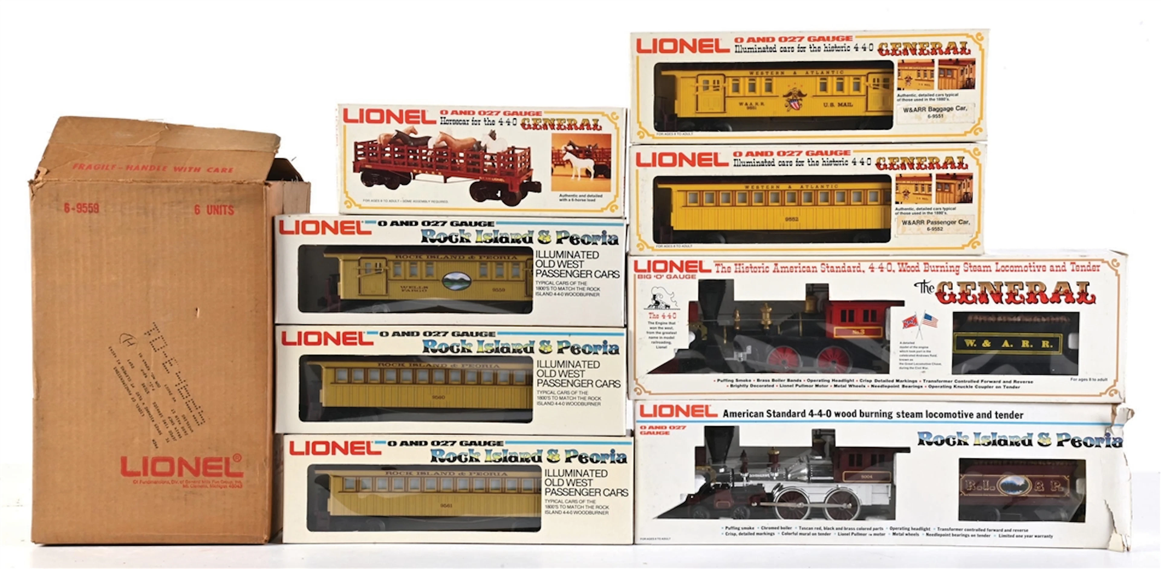 LOT OF 8: LIONEL ROCK ISLAND & PEORIA AND GENERAL LOCO'S W/ PASSENGER CARS